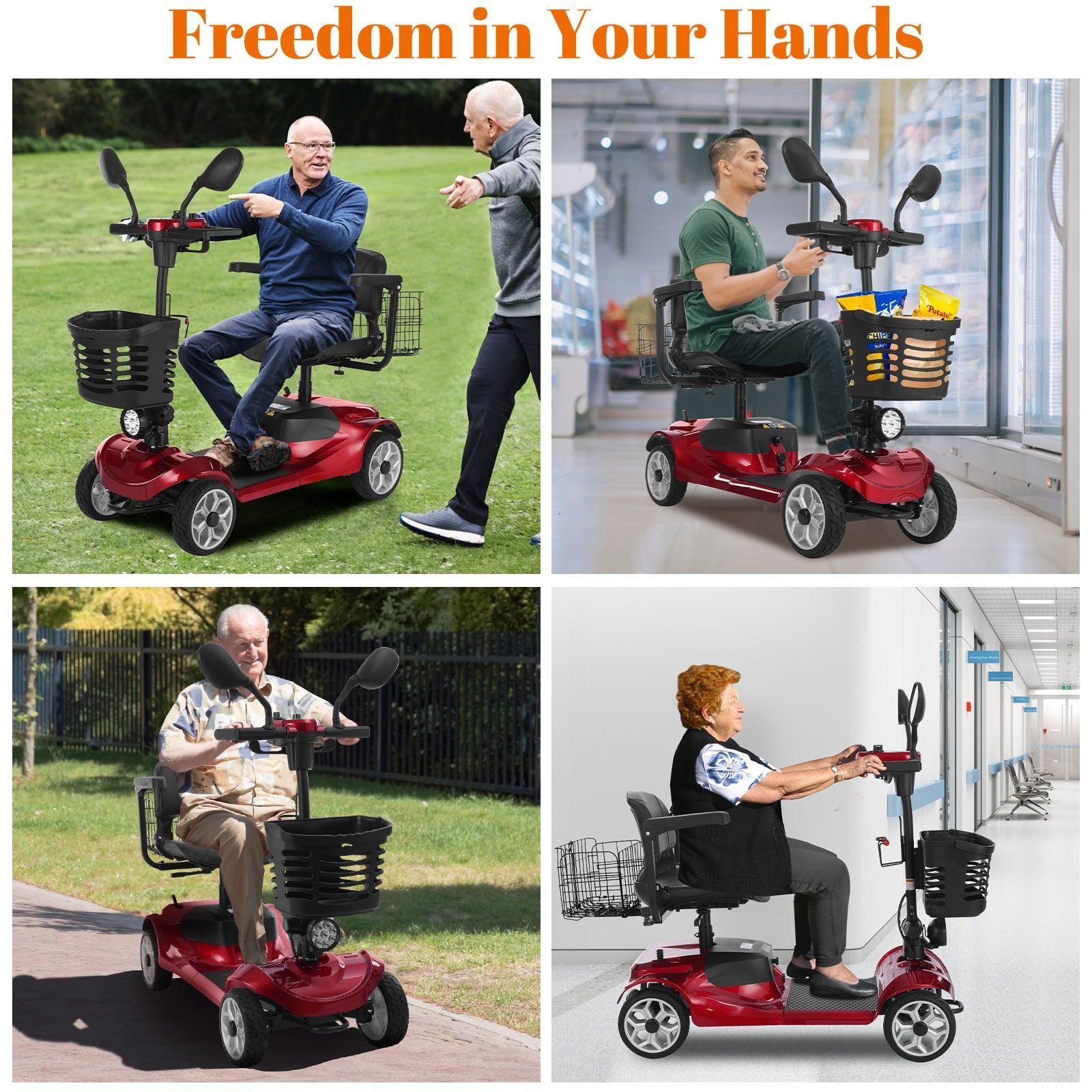 Red 4-wheel mobility scooter with front basket, used by seniors in various outdoor and indoor settings.