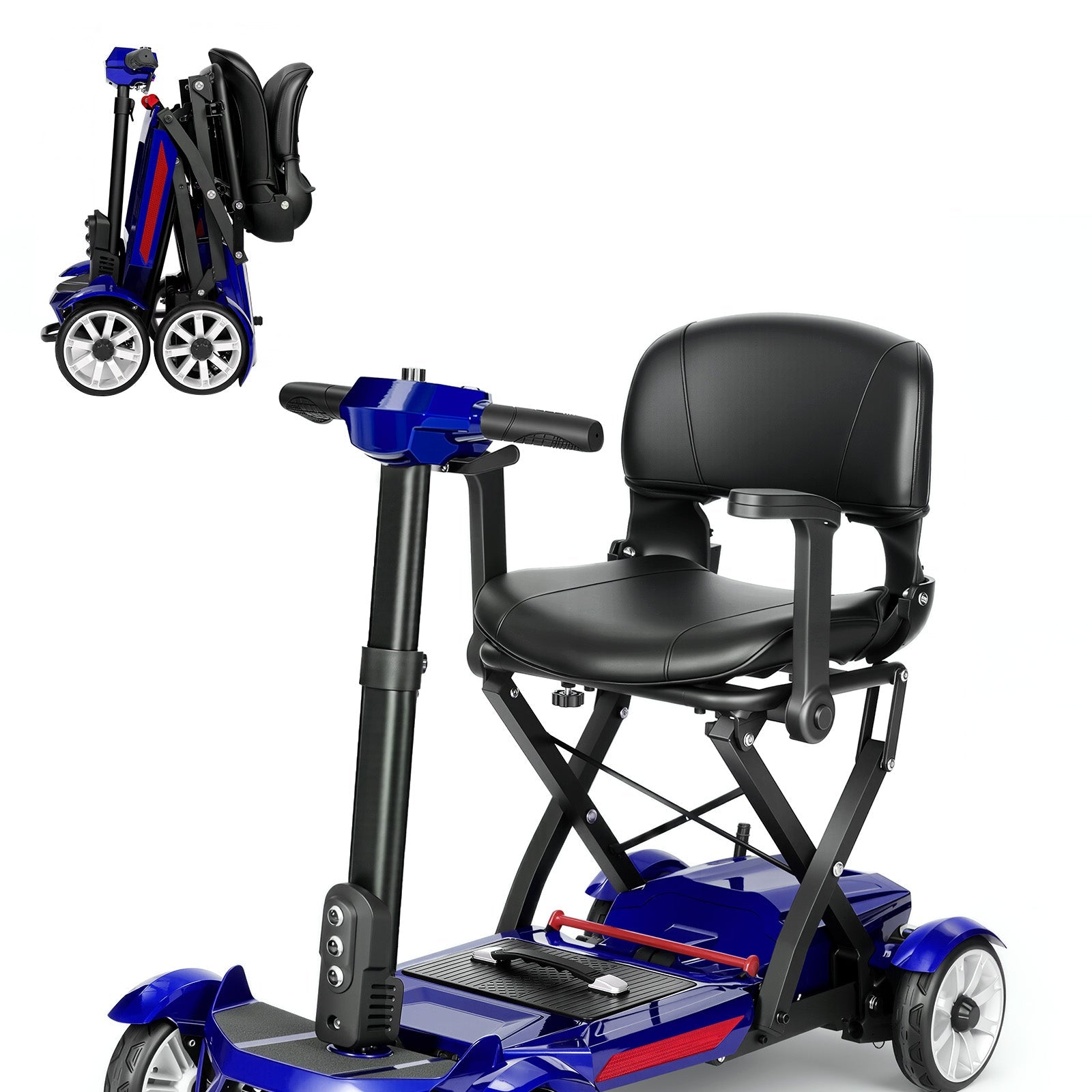 Mbxcooter blue 3-wheel foldable mobility scooter with black seat and rear suspension.