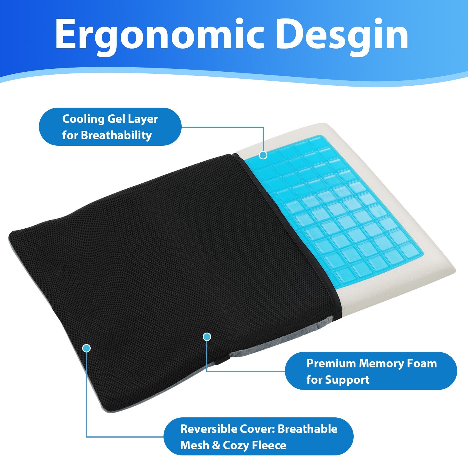 Mbxcooter all-season gel seat cushion with black mesh cover, blue cooling gel layer, and white memory foam.