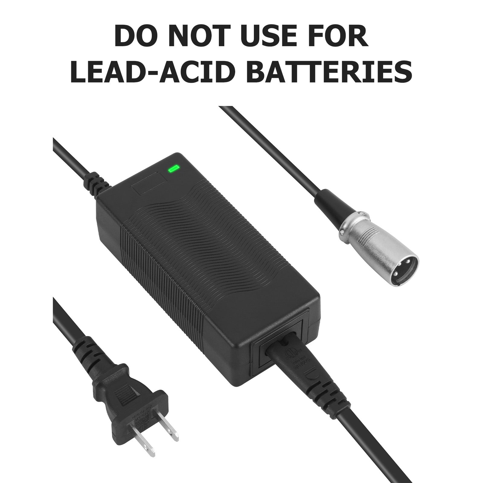 Black Mbxcooter charger with green LED light, 3-pin XLR connector, and US plug.
