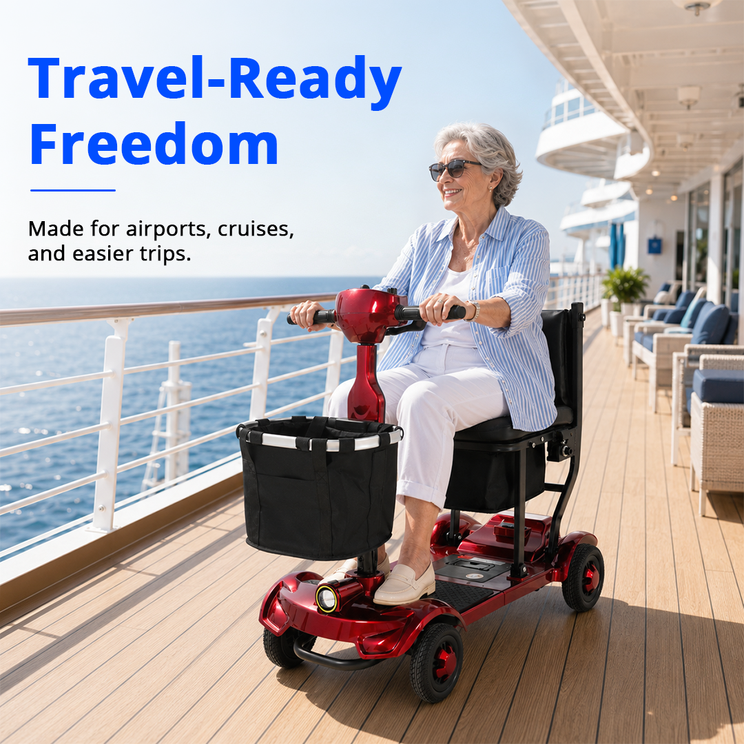 Woman riding a red Mbxcooter M1F foldable mobility scooter with a front storage basket on a cruise ship deck.