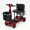 Red Mbxcooter M1F lightweight foldable travel scooter with black padded seat, front basket, and four wheels.