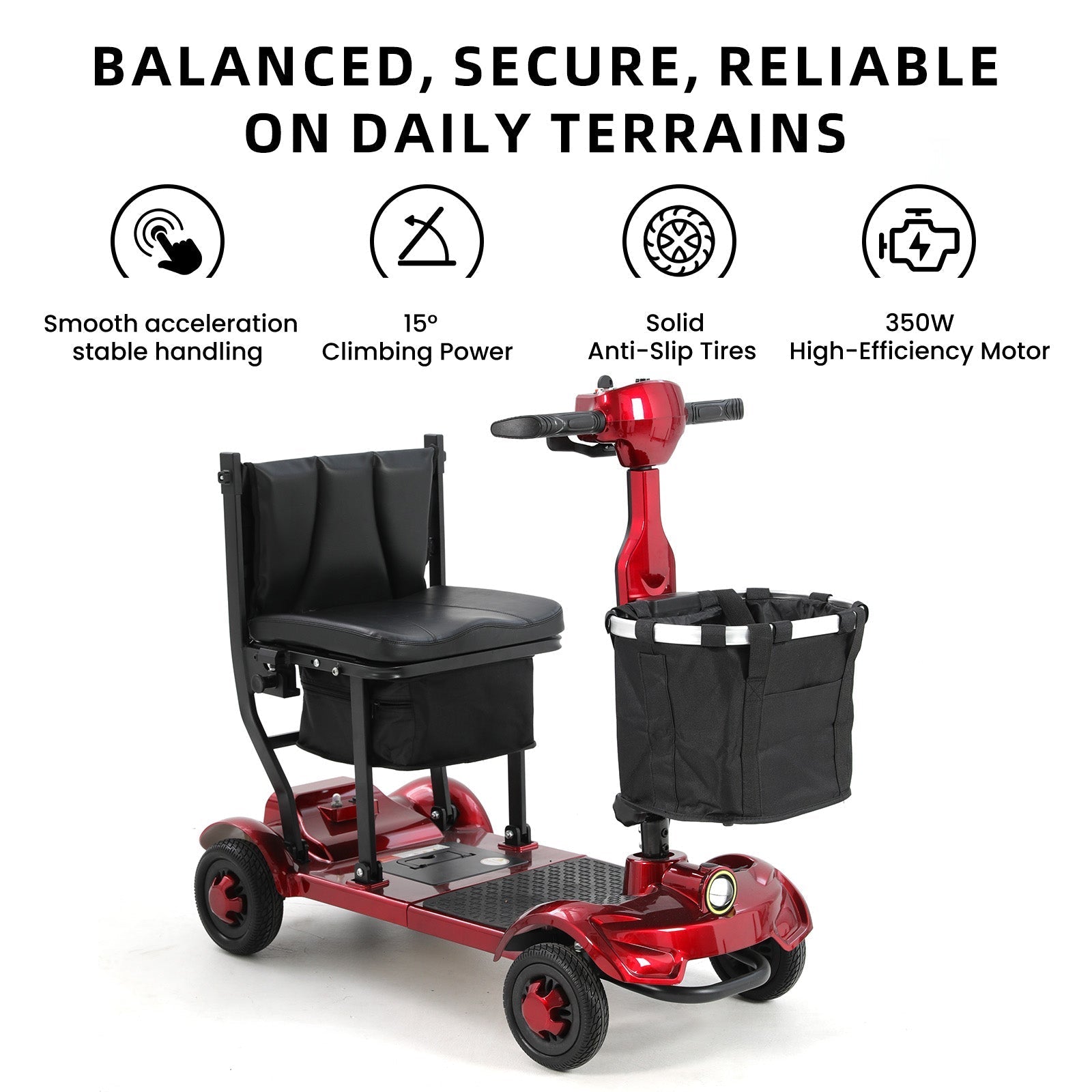Red Mbxcooter M1F lightweight foldable travel scooter with black seat, basket, and anti-slip tires.