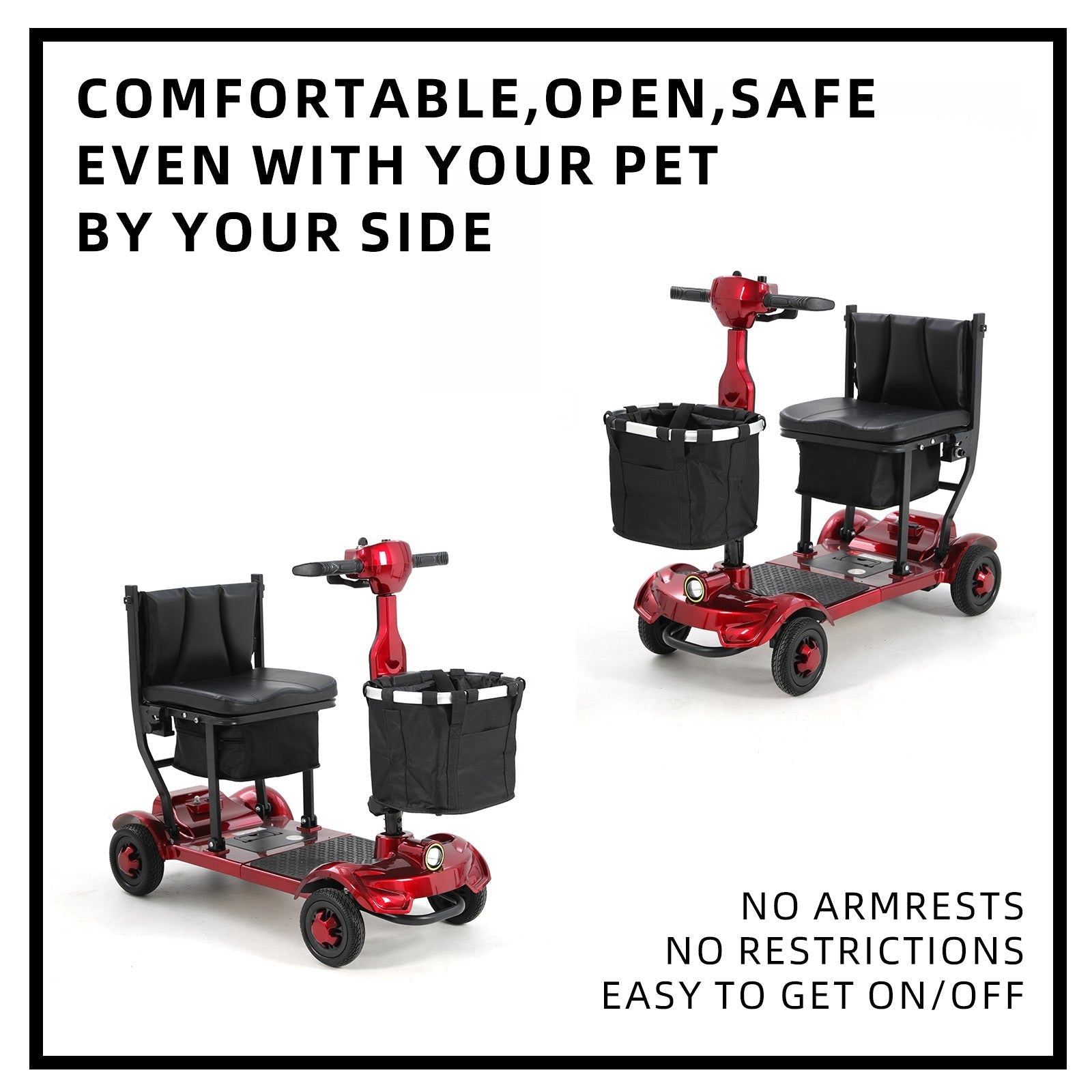 Red Mbxcooter M1F lightweight foldable travel scooter with black seats and front basket.