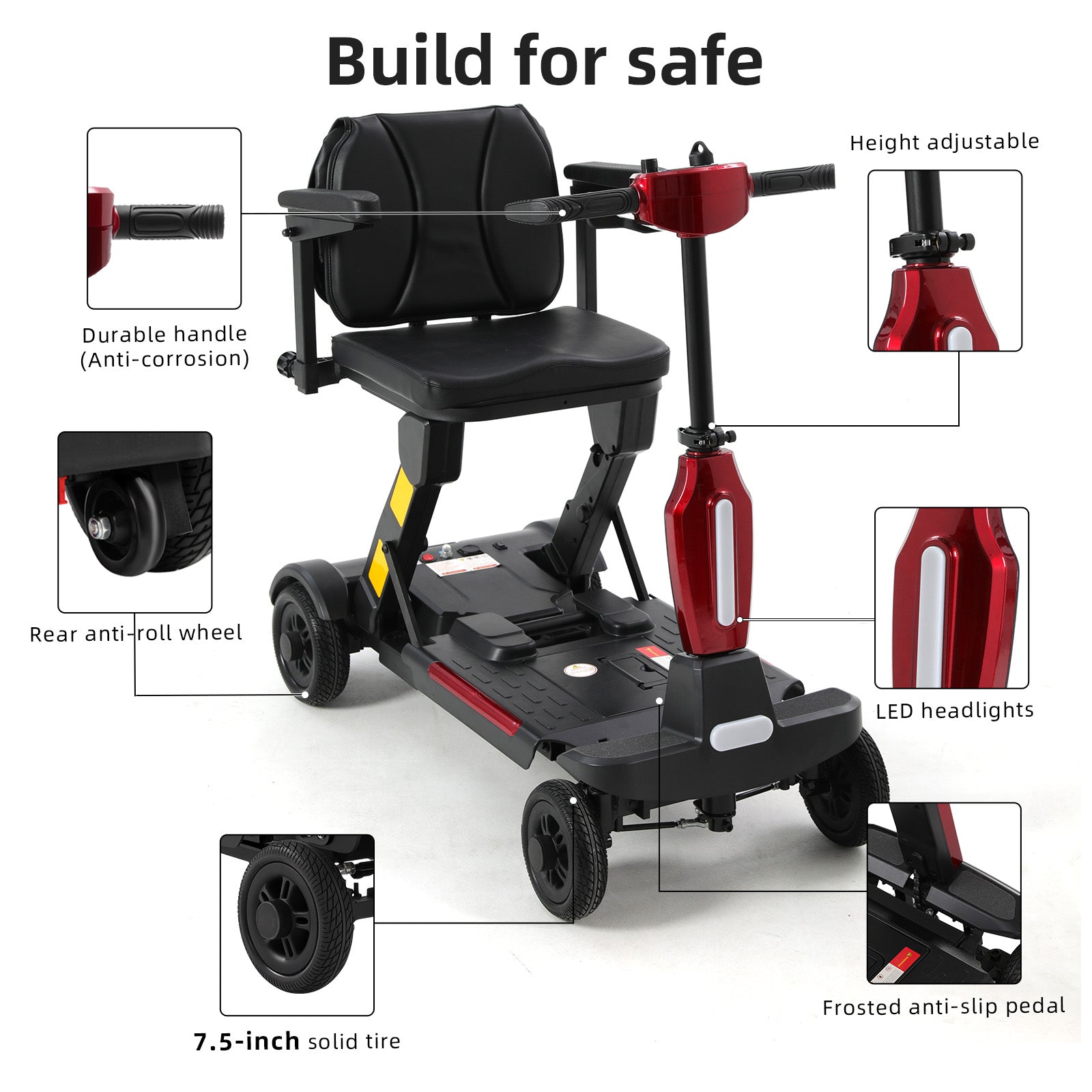 Red and black Mbxcooter MS20-F automatic folding scooter highlighting features like LED headlights, anti-slip pedal, and solid tires.
