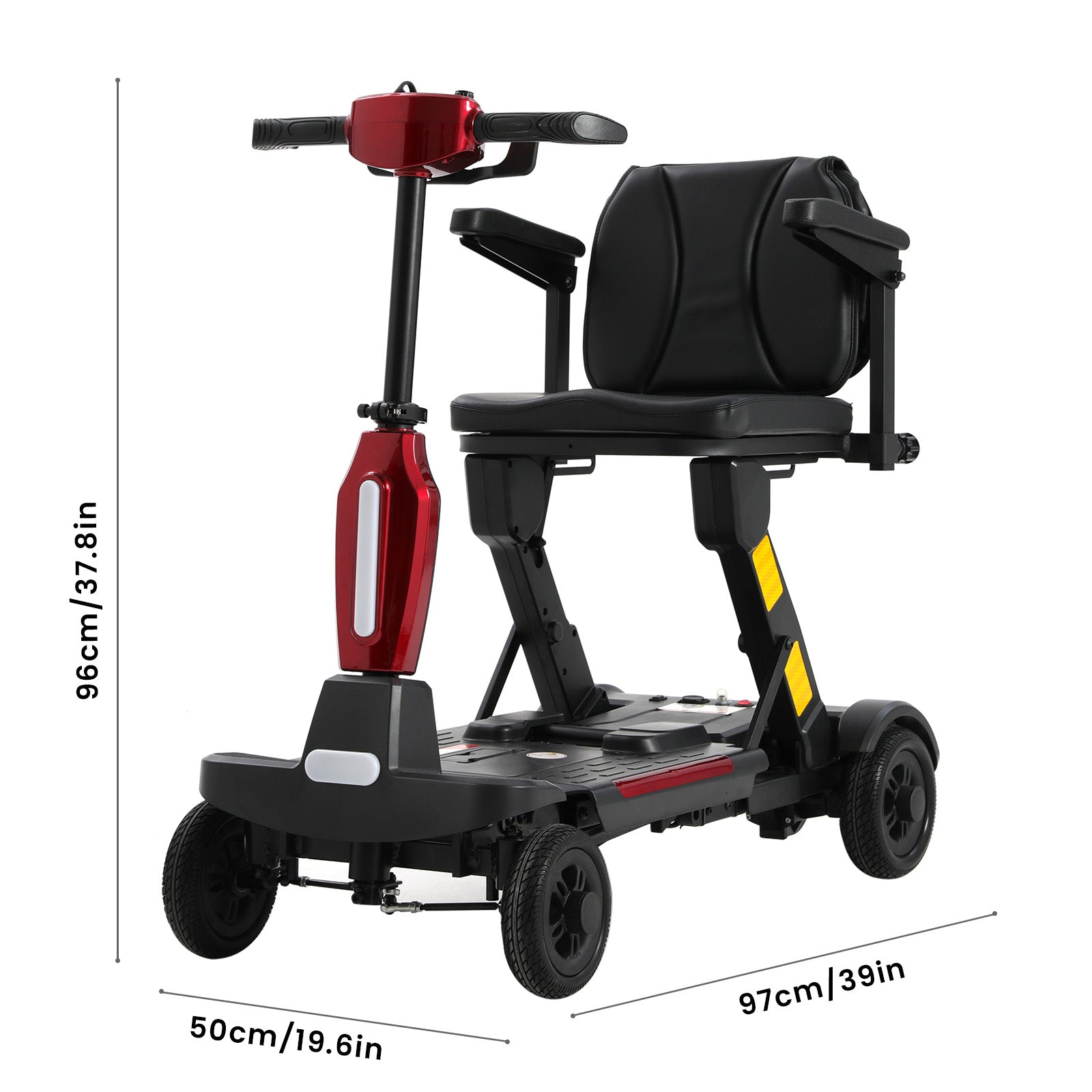 Red and black Mbxcooter MS20-F automatic folding mobility scooter with dimensions shown.