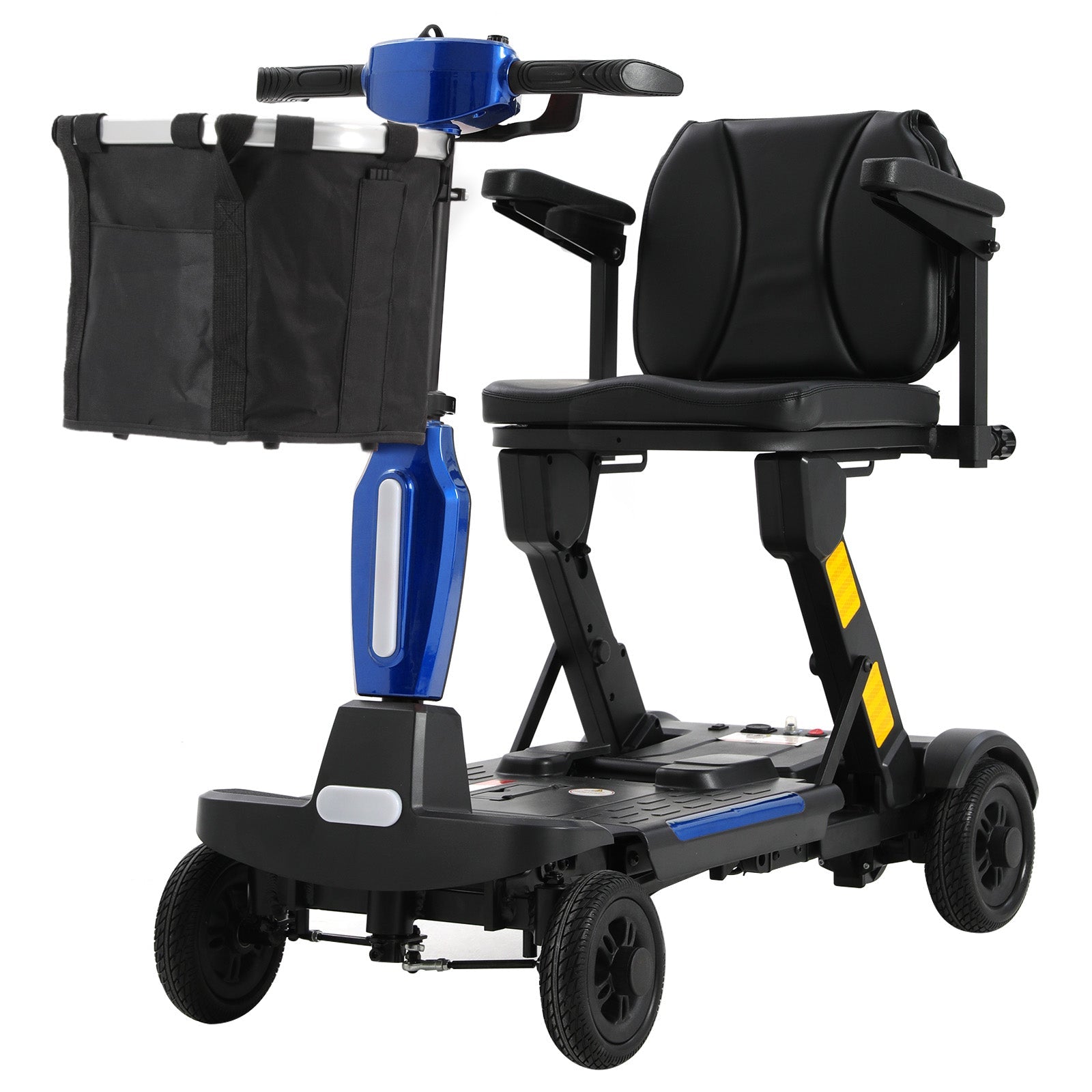 Blue and black Mbxcooter MS20-F automatic folding mobility scooter with a front basket.