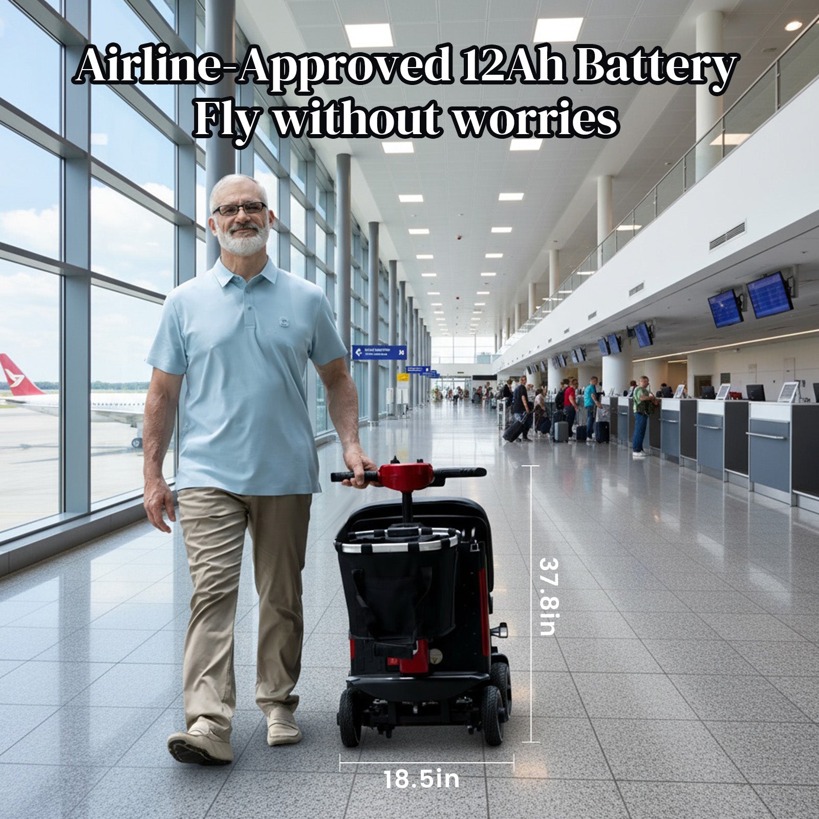 Man walking beside a folded red and black Mbxcooter MS20-F mobility scooter in an airport terminal.