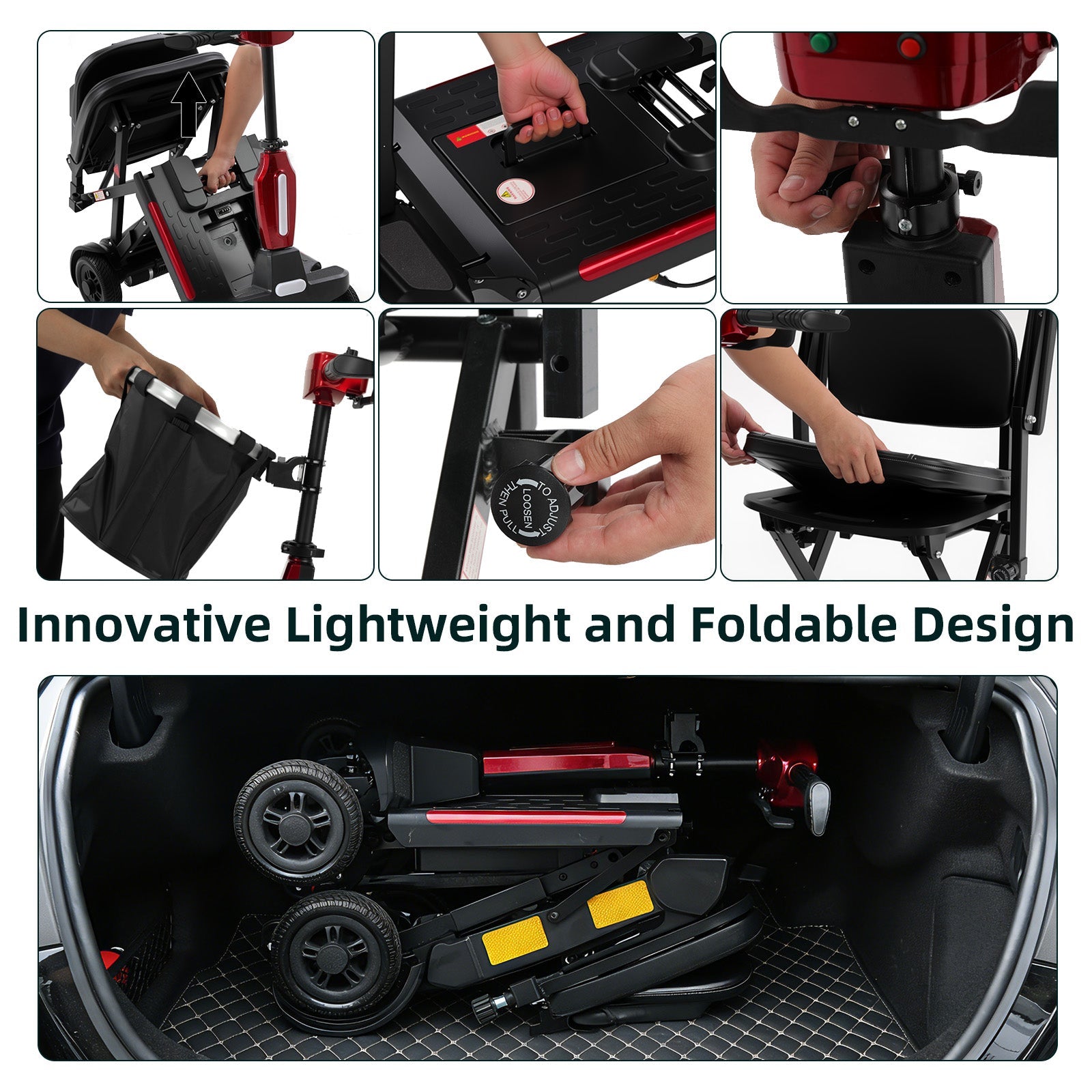 Red Mbxcooter MS20-F Ultra automatic folding mobility scooter, compact in a car trunk.