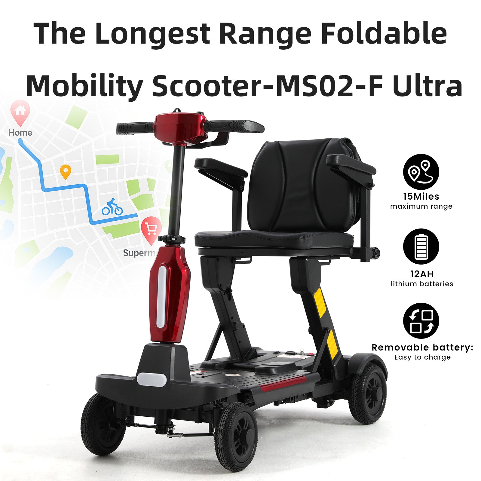Red and black Mbxcooter MS02-F Ultra automatic folding mobility scooter with padded seat and armrests.