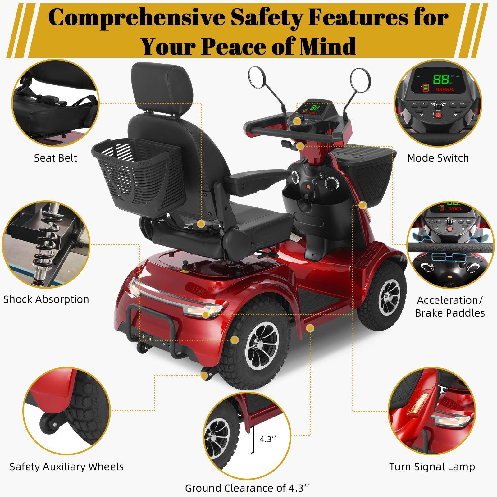 Red Mbxcooter MS20-MAX heavy-duty all-terrain scooter with black seat, basket, and safety features like shock absorption and auxiliary wheels.
