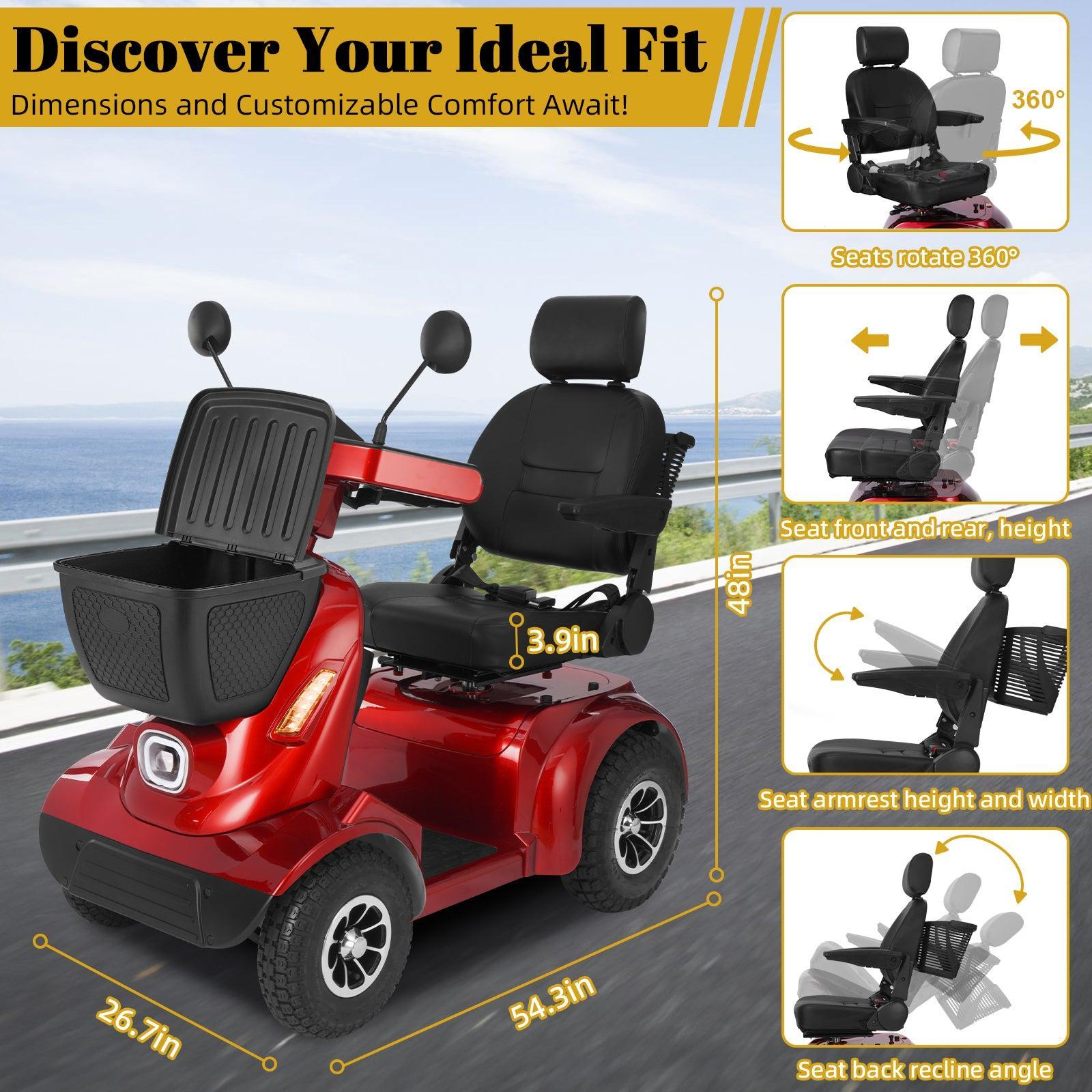 Red Mbxcooter MS20-MAX heavy-duty all-terrain scooter with black seat, basket, and adjustable features.