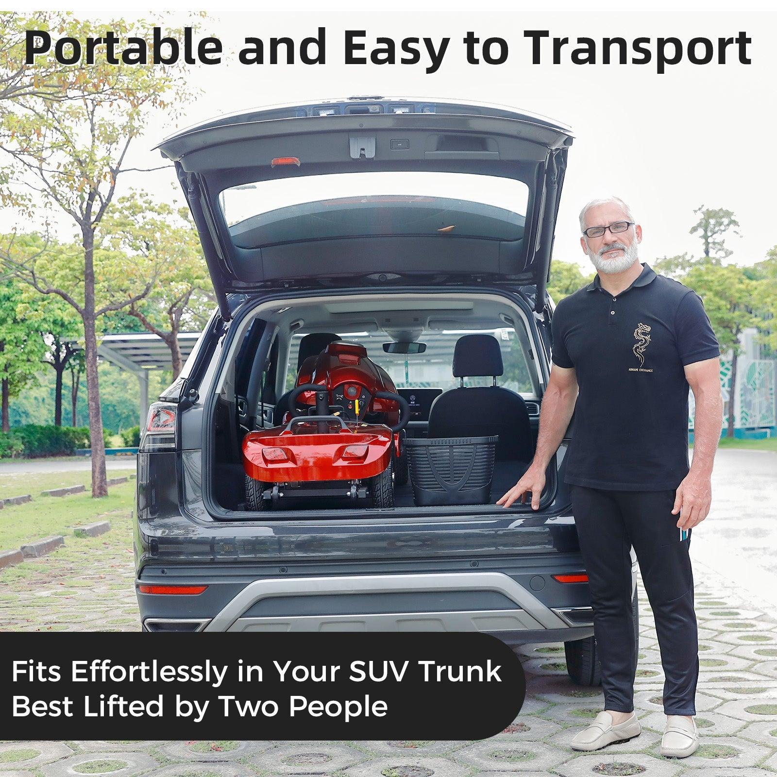 Red Mbxcooter MS20 PLUS mobility scooter folded in a black SUV trunk, with a man standing beside it.