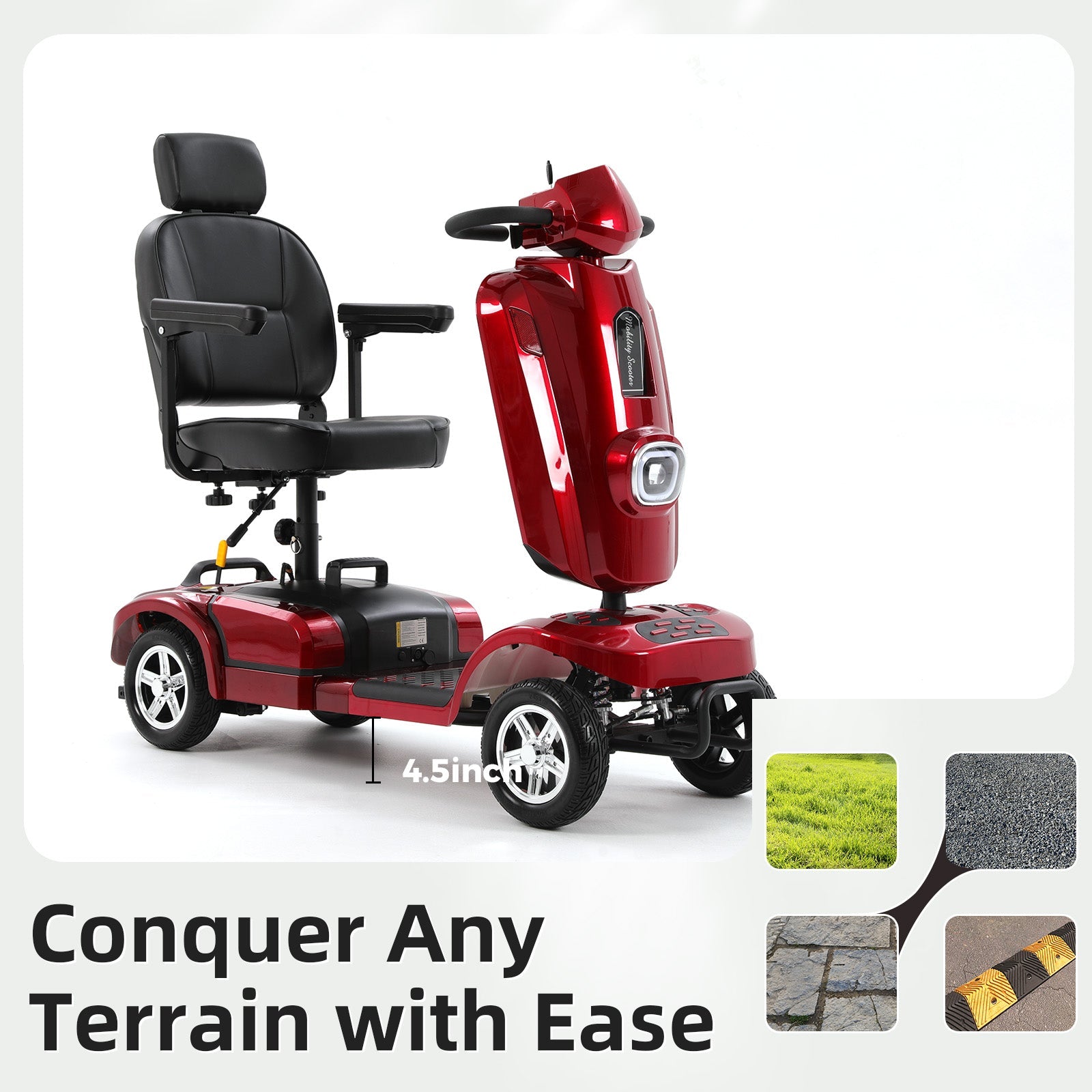 Red Mbxcooter MS20 PLUS heavy-duty all-terrain scooter with black seat, 4.5-inch ground clearance.
