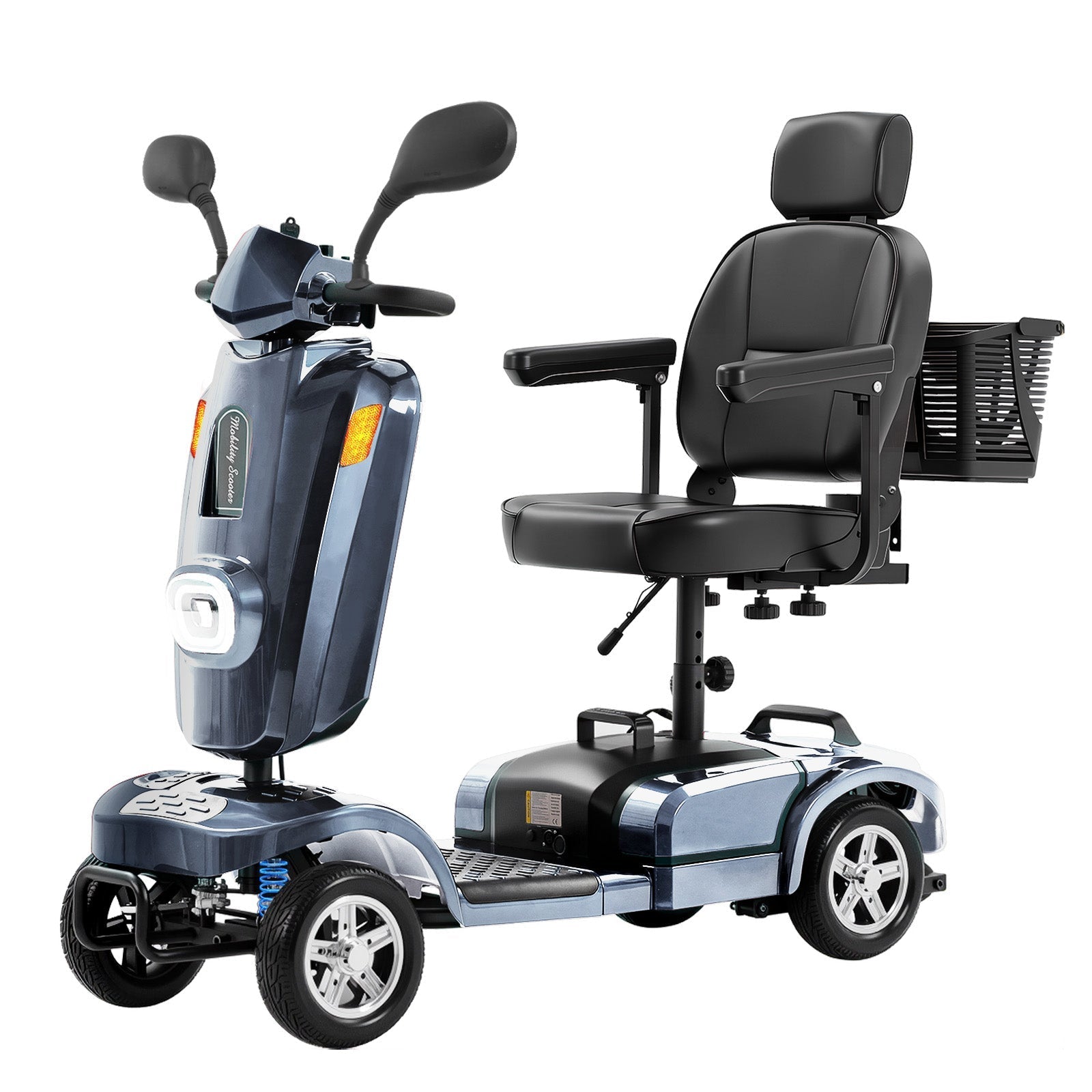 Mbxcooter MS20 PLUS heavy-duty, all-terrain mobility scooter in metallic blue with a black seat and rear basket.