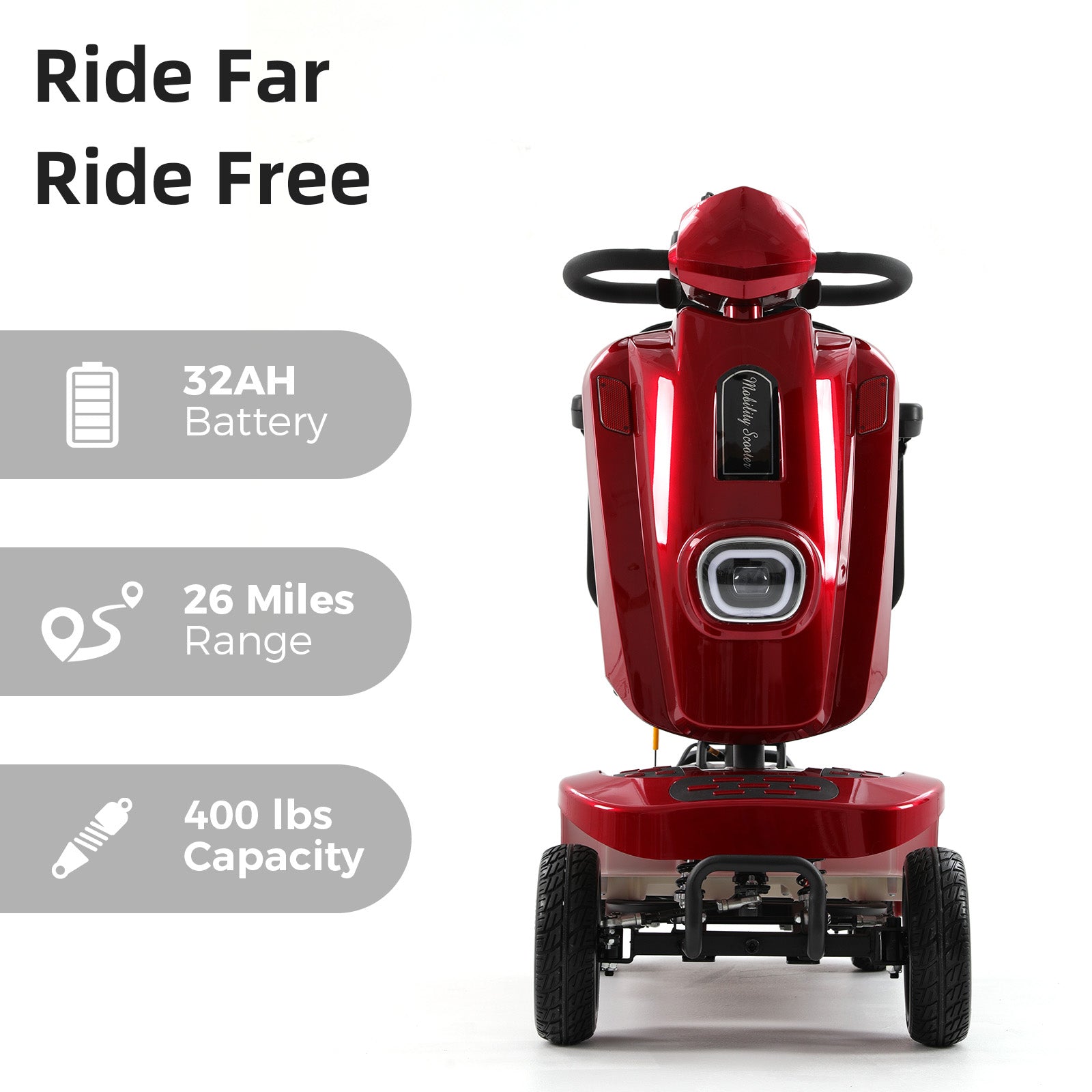 Red Mbxcooter MS20 PLUS heavy-duty all-terrain scooter with large tires, front headlight, and black handlebars.