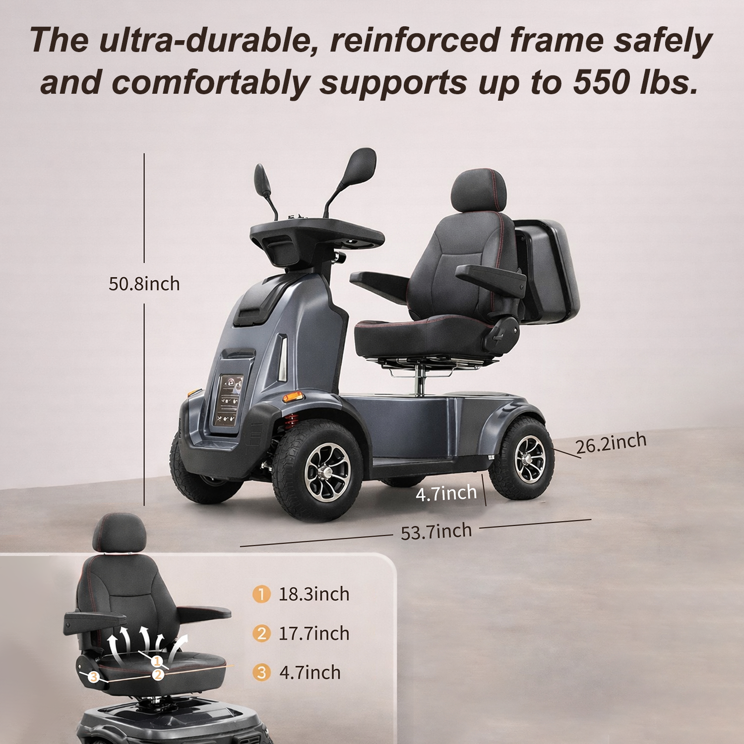 Mbxcooter MS500 heavy-duty gray mobility scooter with black seat, 13" tires, and dimensions.