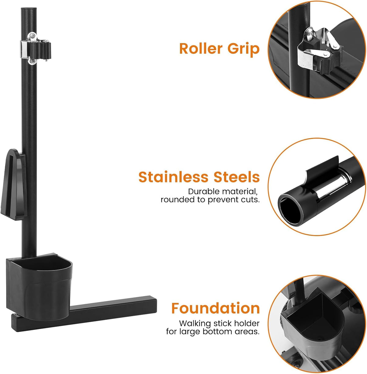 Black stainless steel and aluminum alloy crutch/cane holder for MS20/MS20 PRO scooters, with roller grip and wide base.
