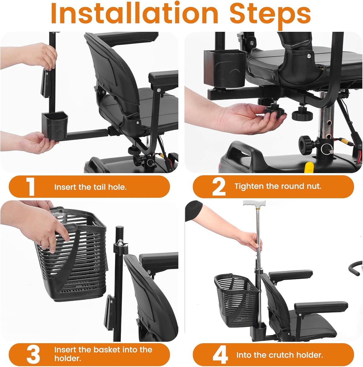 Four-step installation guide for a black mobility scooter crutch and cane holder with an optional basket.