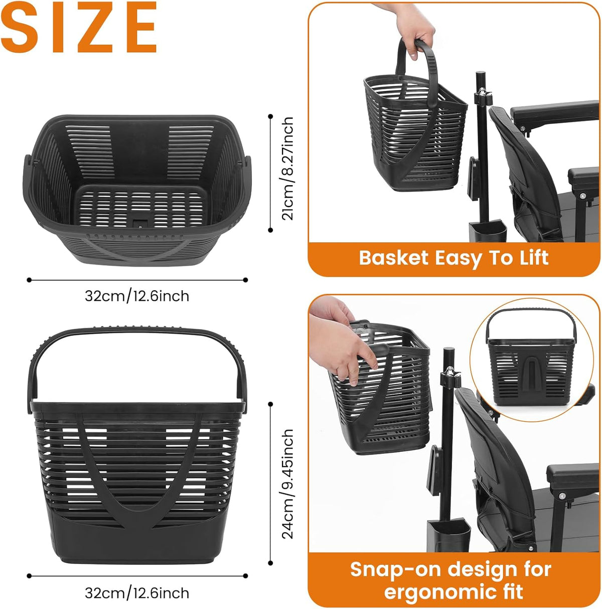 Black plastic mobility scooter basket with handle, showing dimensions and snap-on design.