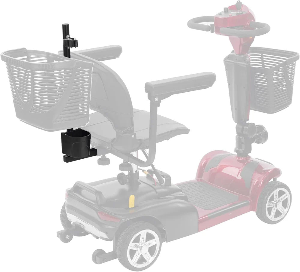 Black stainless steel and aluminum alloy crutch/cane holder for MS20/MS20 PRO mobility scooters.