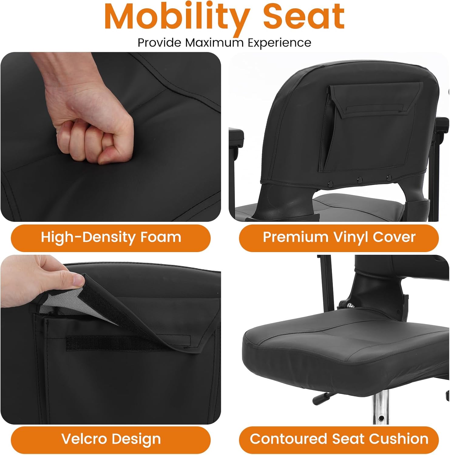 Black Mbxcooter mobility scooter replacement seat with high-density foam, premium vinyl cover, and contoured cushion.