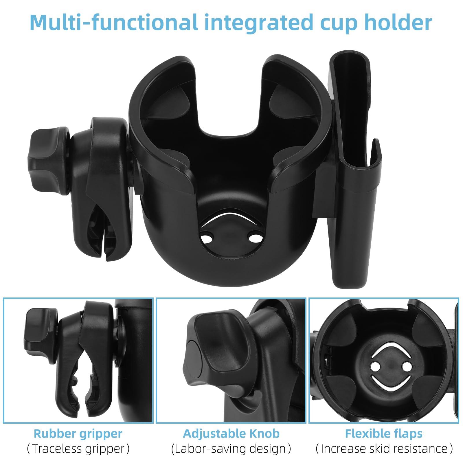 Black Mbxcooter multifunctional cup holder with 360° rotation, phone holder, rubber gripper, and adjustable knob.