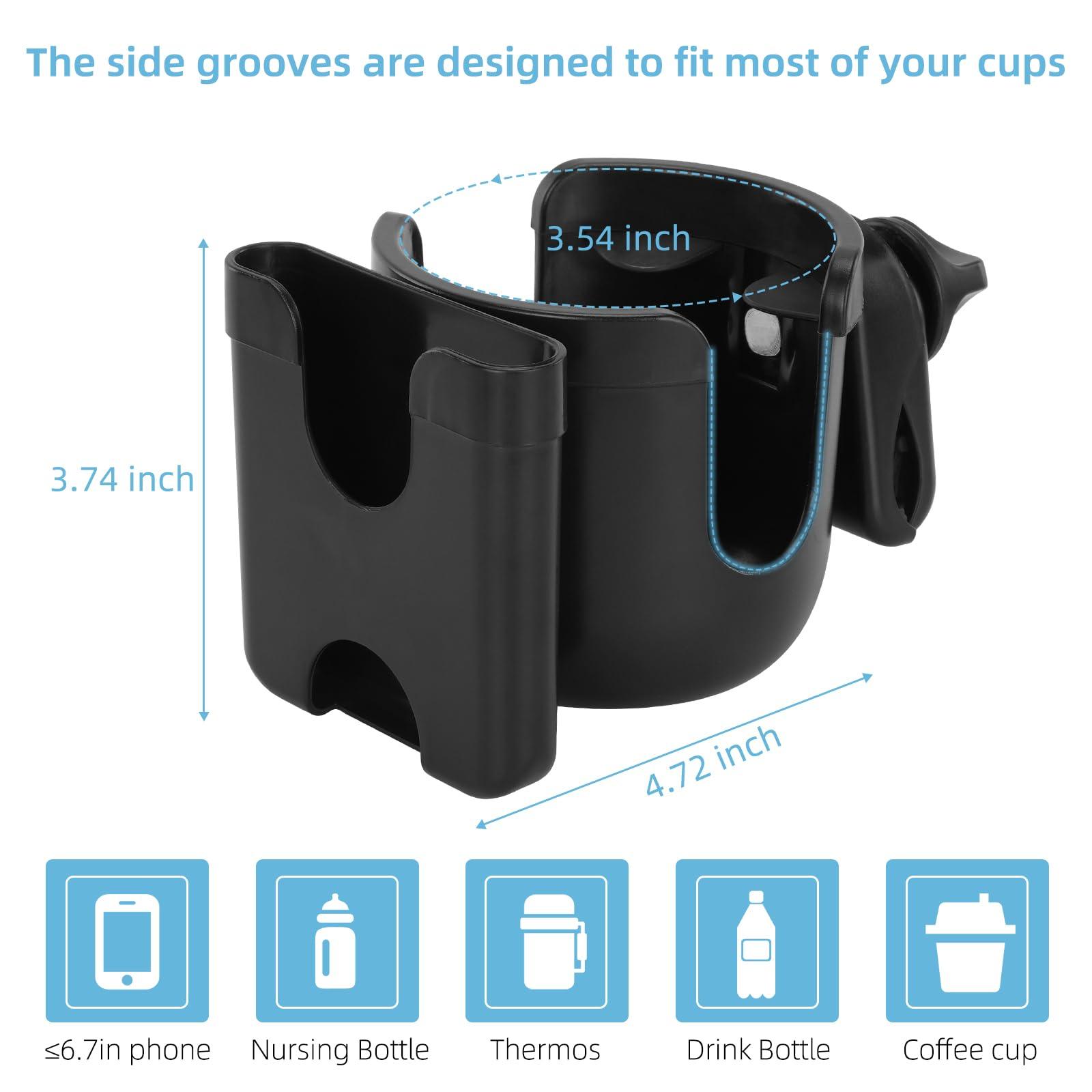 Black Mbxcooter multifunctional cup holder with phone slot, 360° rotating clamp, and dimensions for scooters/wheelchairs.