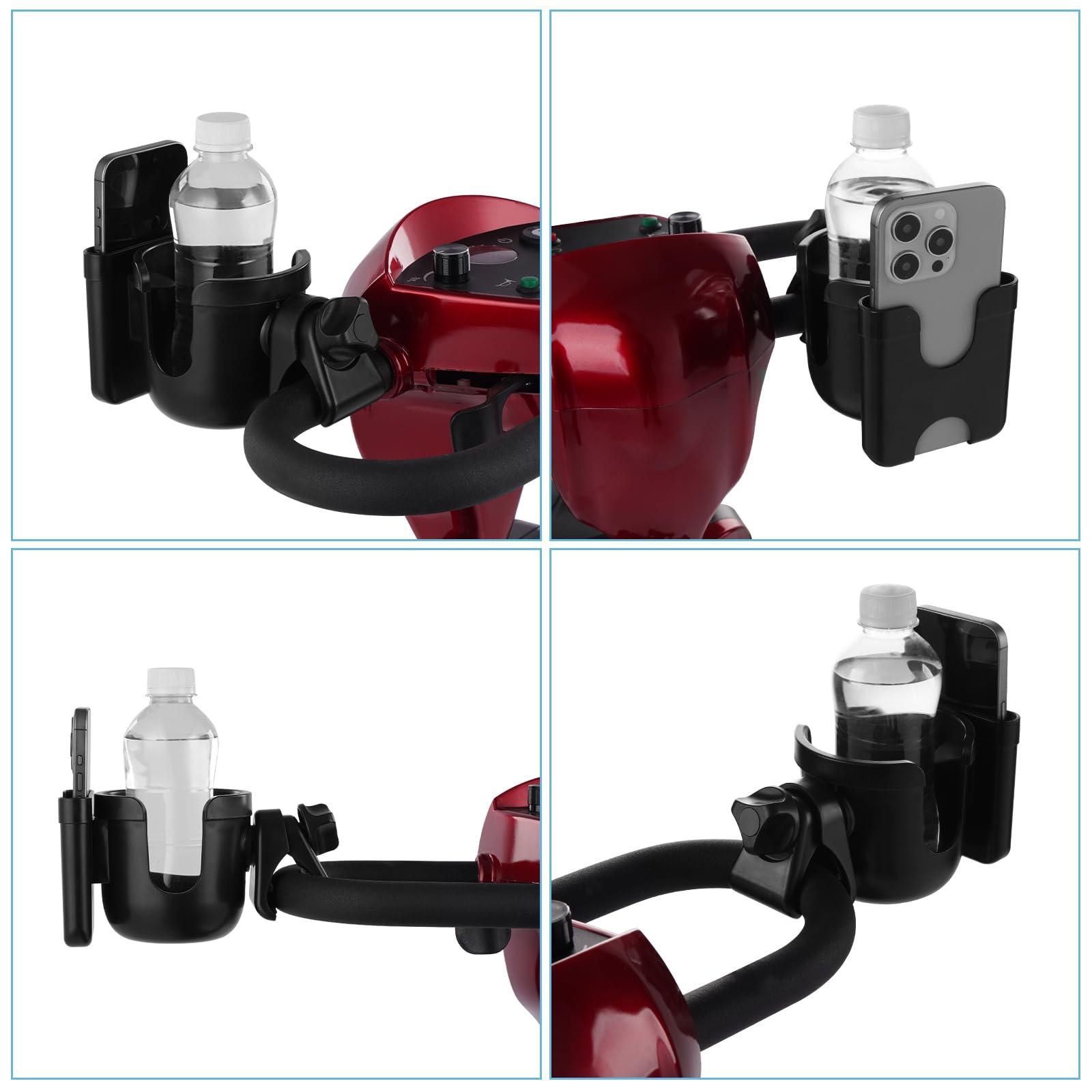 Black Mbxcooter multifunctional cup holder with phone holder attached to a red scooter, holding a water bottle and smartphone.