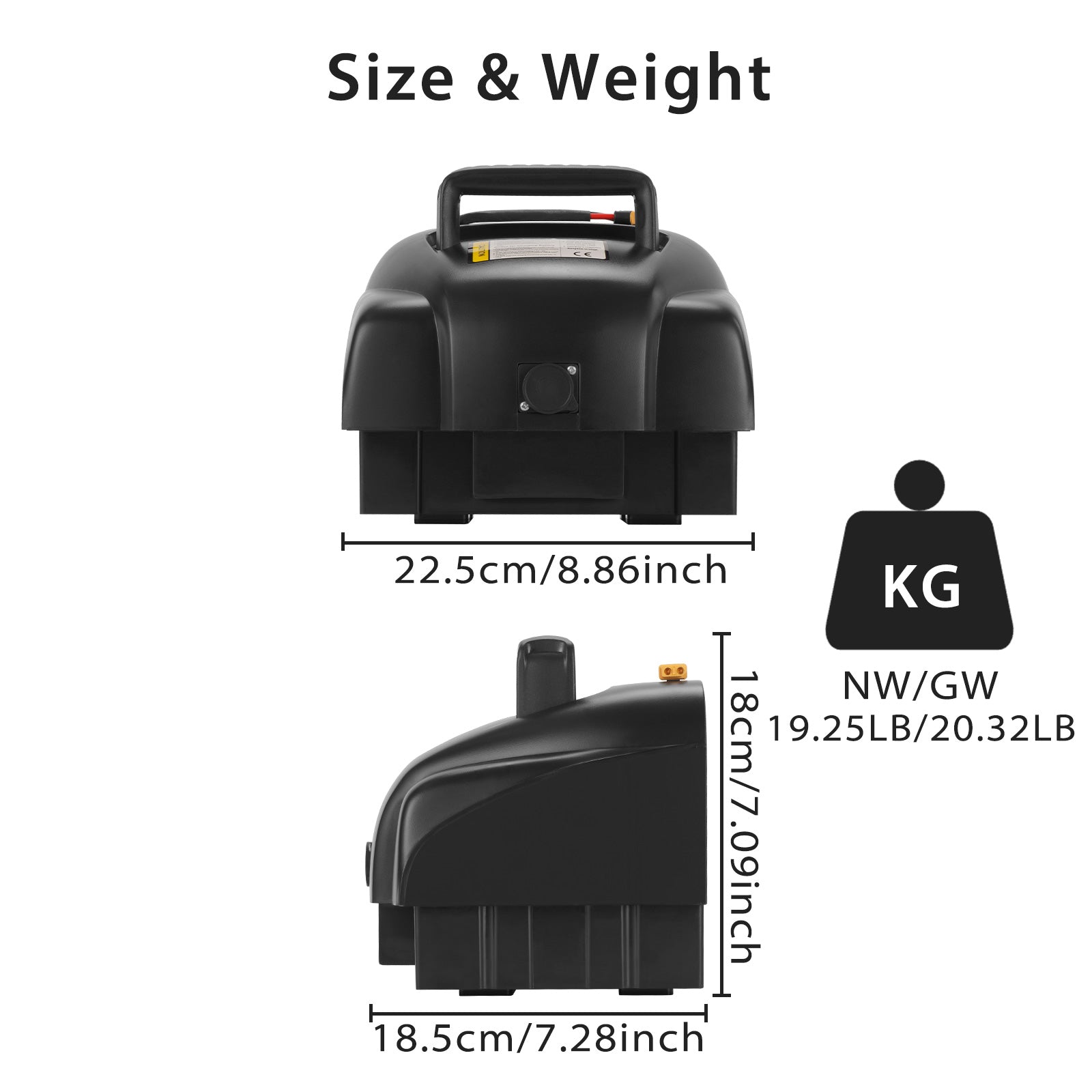Black Mbxcooter replacement lithium battery for MS20/MS20 Pro, showing dimensions and weight.