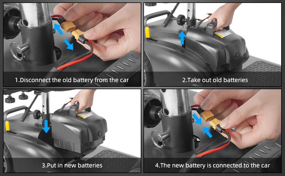 Four-step guide showing hands replacing a black lithium battery in a mobility scooter.