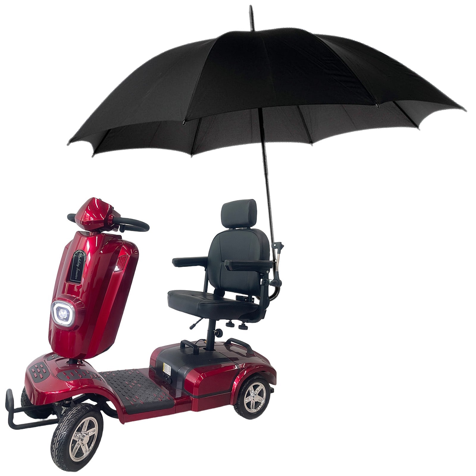 Red mobility scooter with a black umbrella attached, providing sun and rain protection.