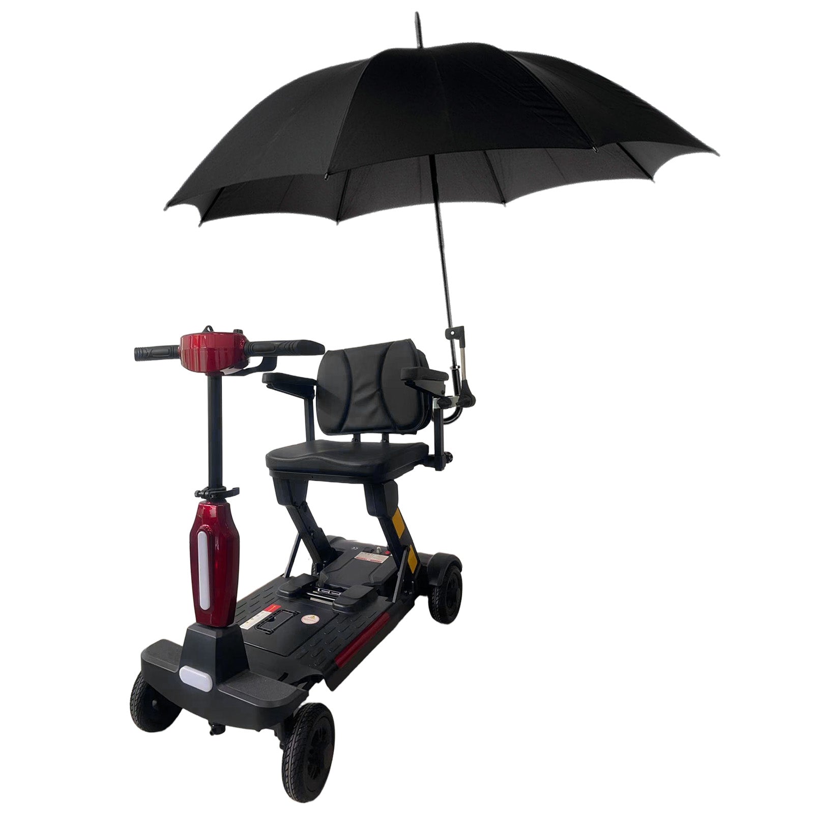 Black Mbxcooter sunshade umbrella attached to a red and black mobility scooter.