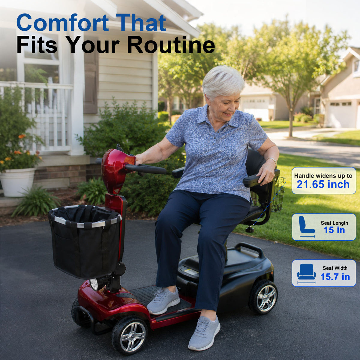 Older woman rides a red mobility scooter outside a home, highlighting comfort, roomy seating, storage basket, and routine-friendly design.
