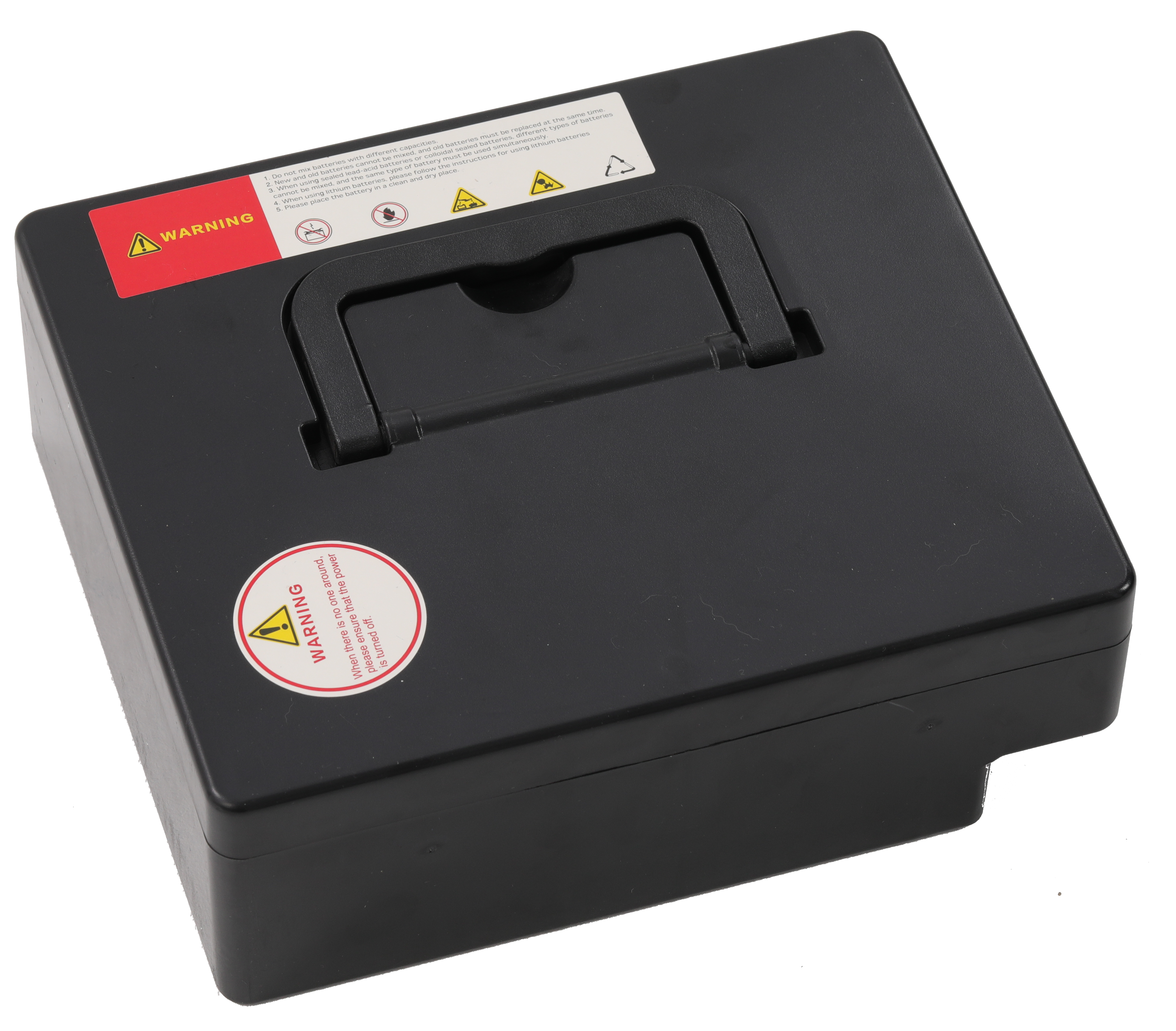 Black Mbxcooter replacement lithium-ion battery for MS20-F scooter with a top handle and warning labels.