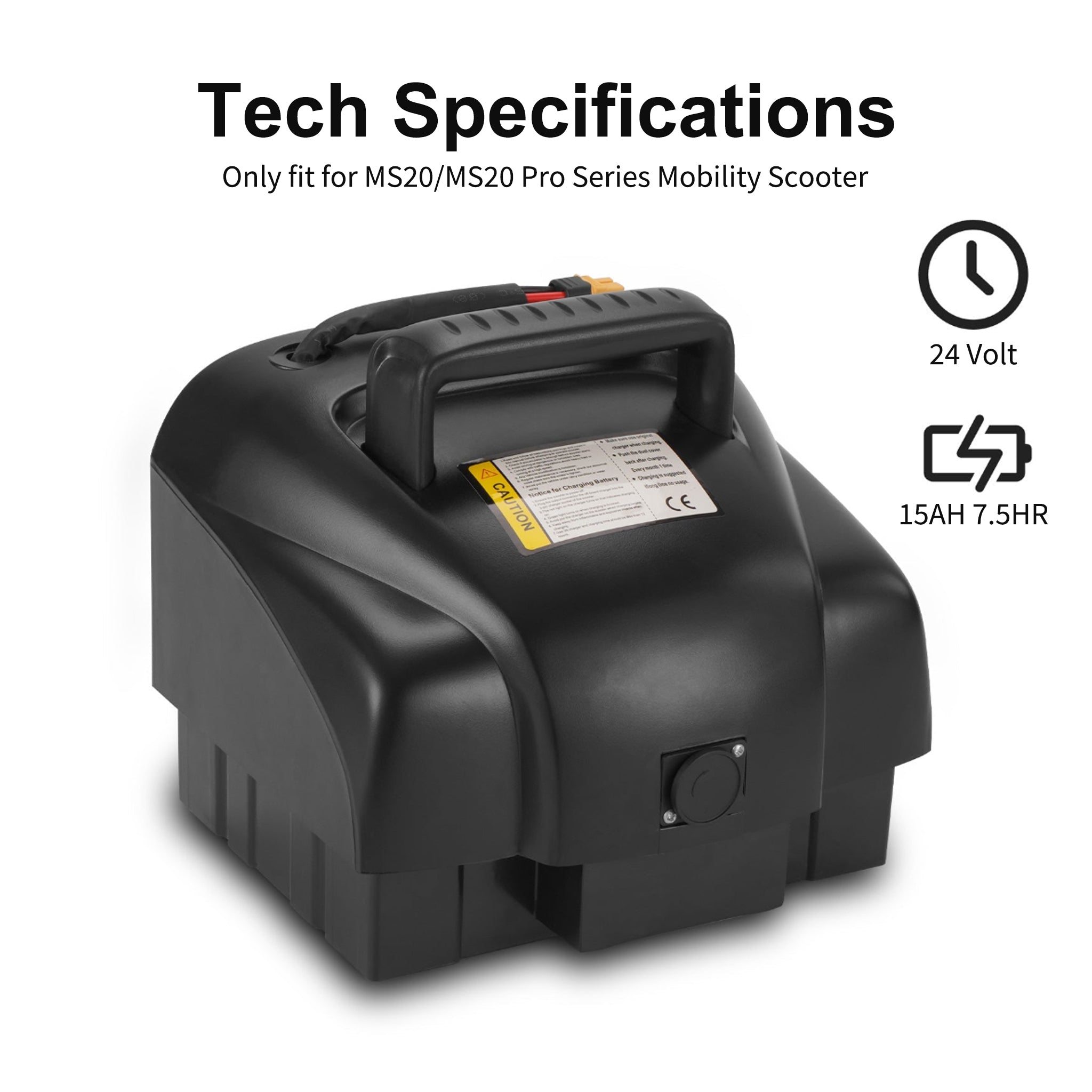 Black Mbxcooter replacement lithium battery with handle, 24V, 15Ah, for MS20/MS20 Pro mobility scooters.