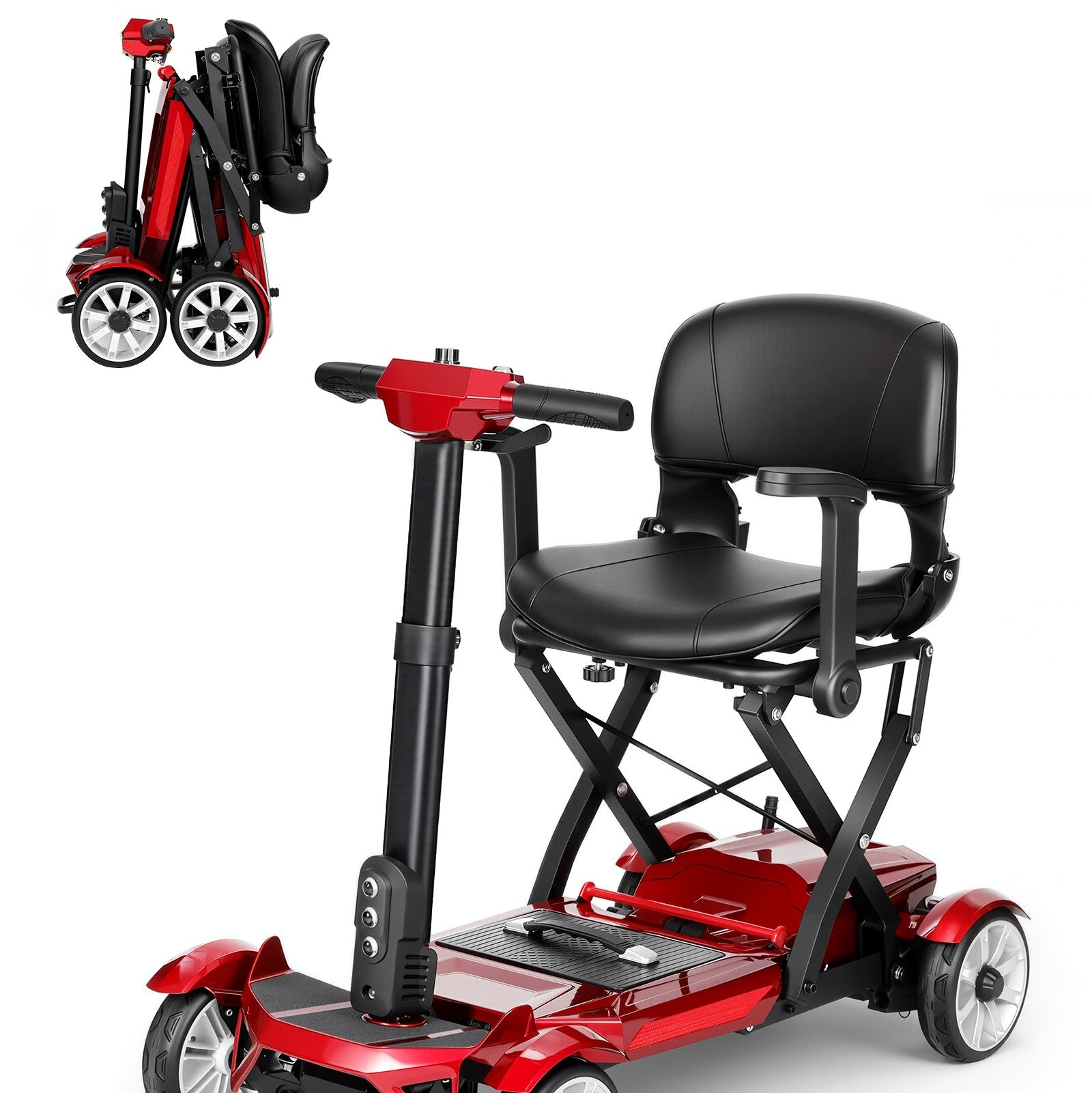 Red Mbxcooter M4F 3-wheel foldable mobility scooter with black seat, shown unfolded and folded.
