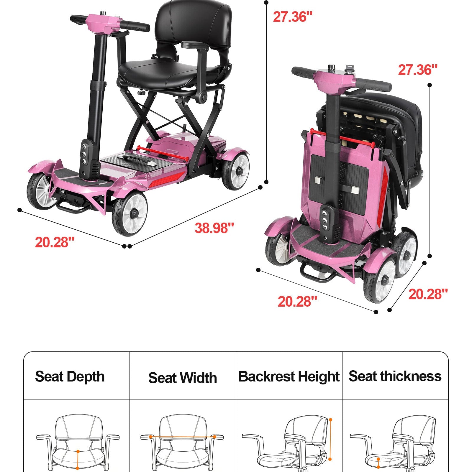 Mbxcooter pink foldable 3-wheel mobility scooter with dimensions, shown open and folded.