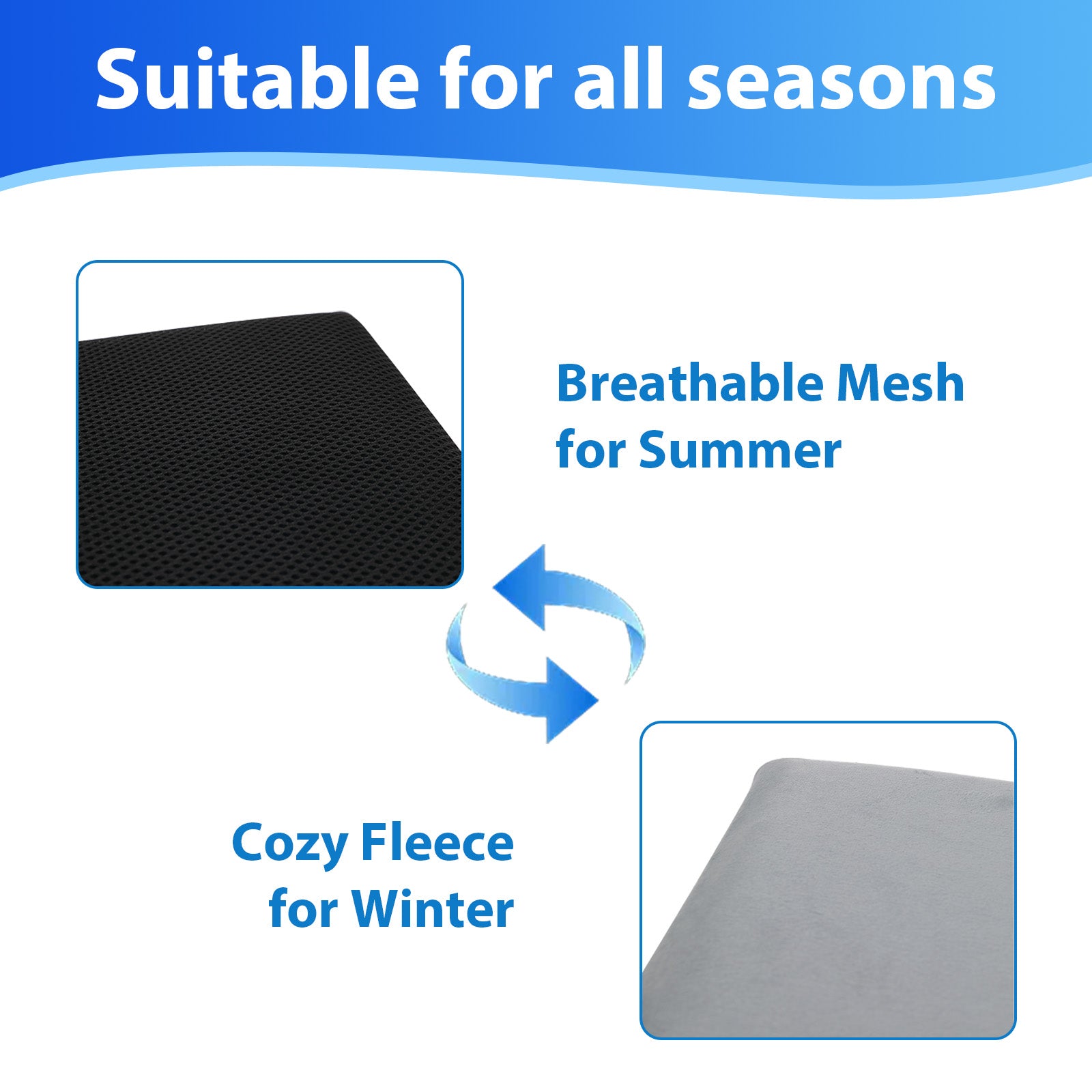 Mbxcooter all-season gel seat cushion with reversible black breathable mesh and gray cozy fleece.