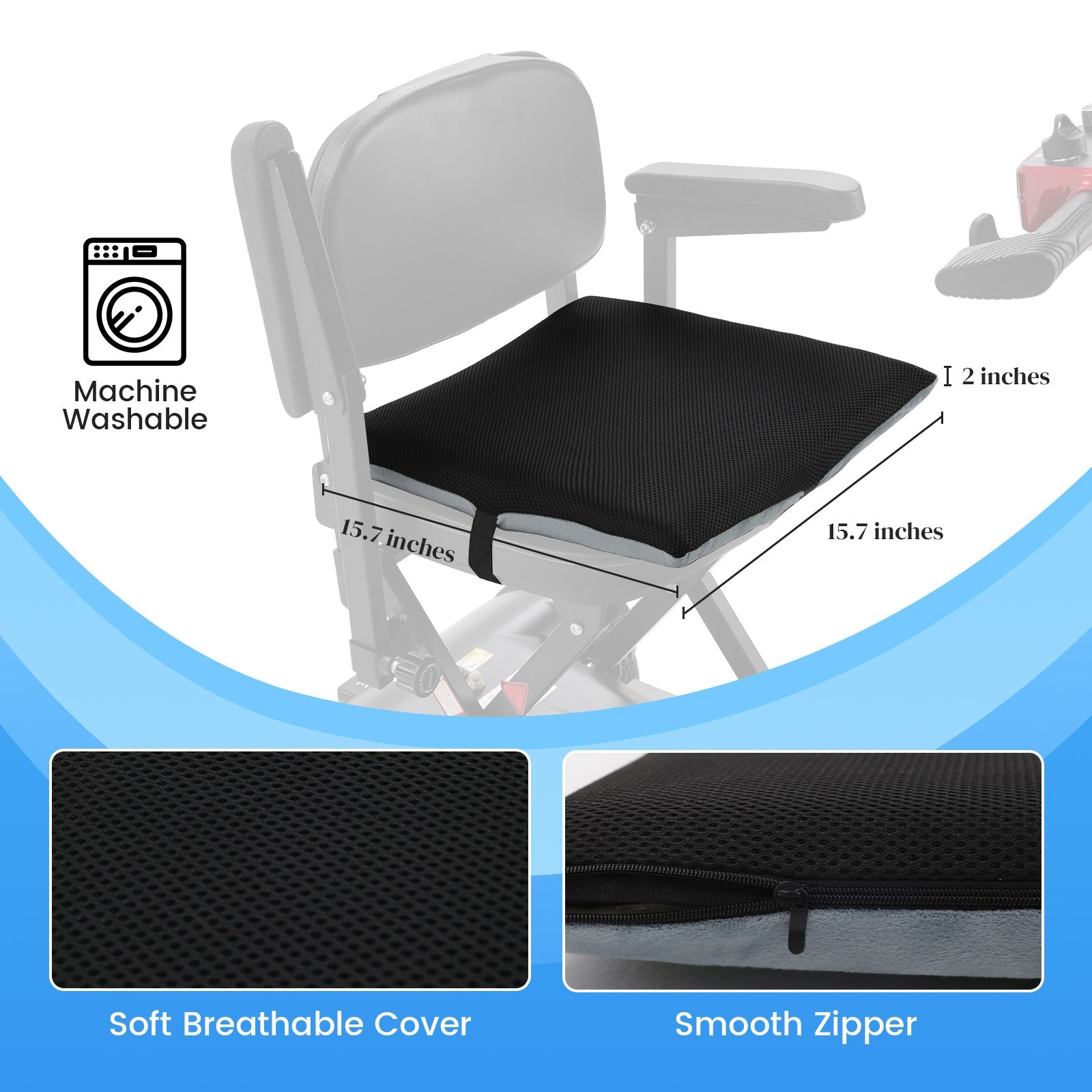 Black Mbxcooter All-Season Gel Seat Cushion, 15.7x15.7x2 inches, with breathable cover and smooth zipper.