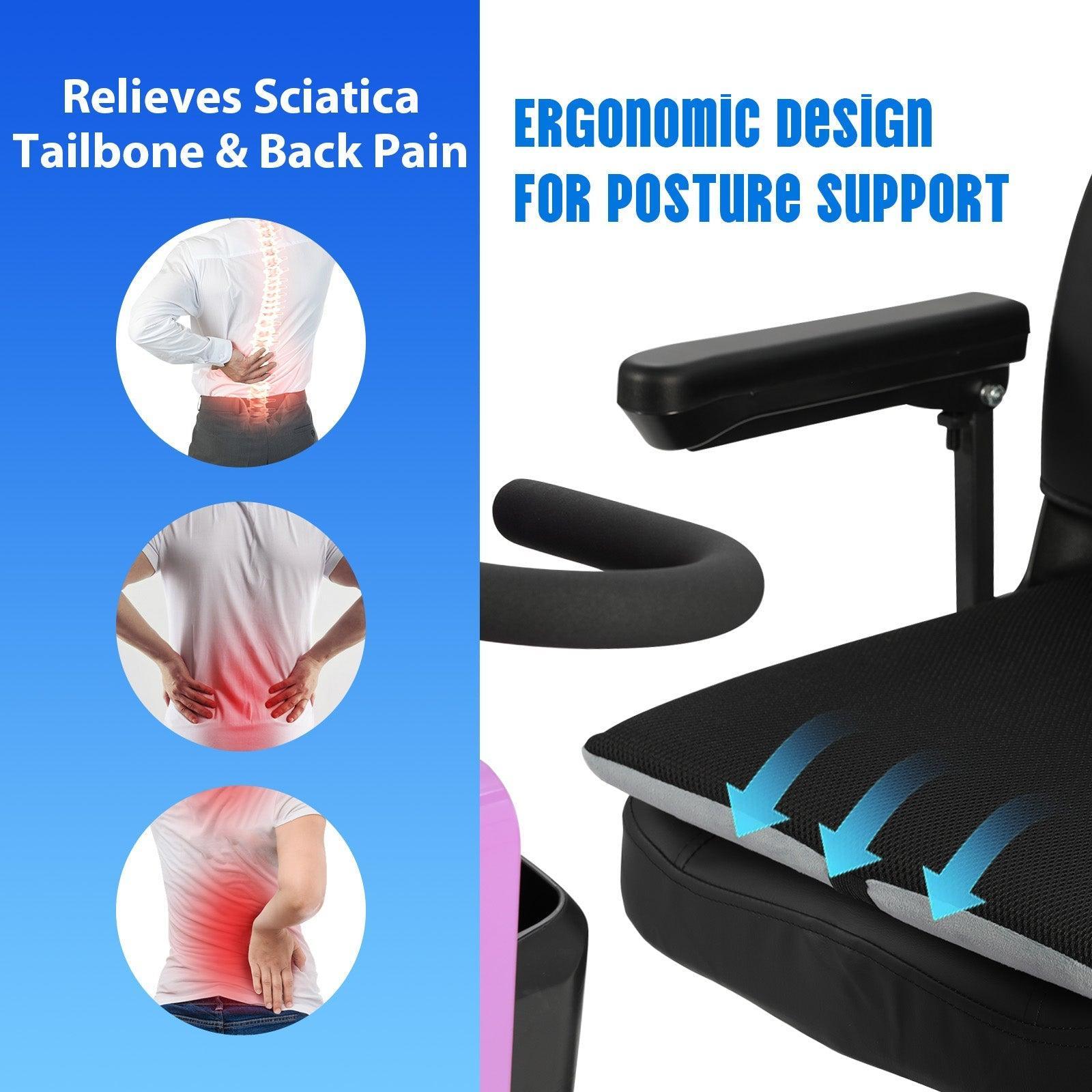 Mbxcooter All-Season Gel Seat Cushion on a black office chair, showing ergonomic design for posture support.
