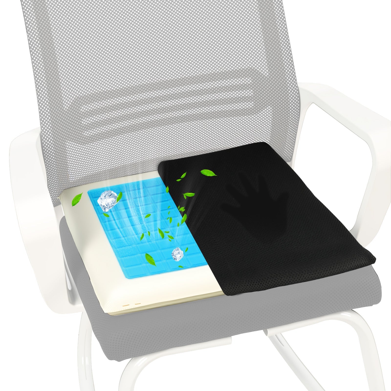 Mbxcooter All-Season Gel Seat Cushion with cooling gel and black reversible cover on a chair.