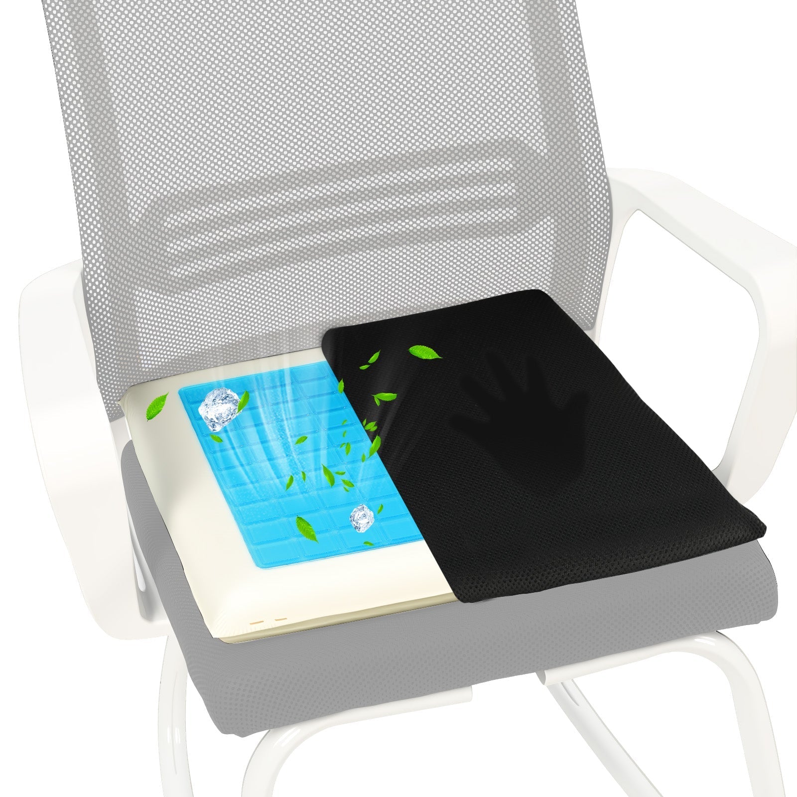 Mbxcooter All-Season Gel Seat Cushion with cooling gel and black reversible cover on a chair.