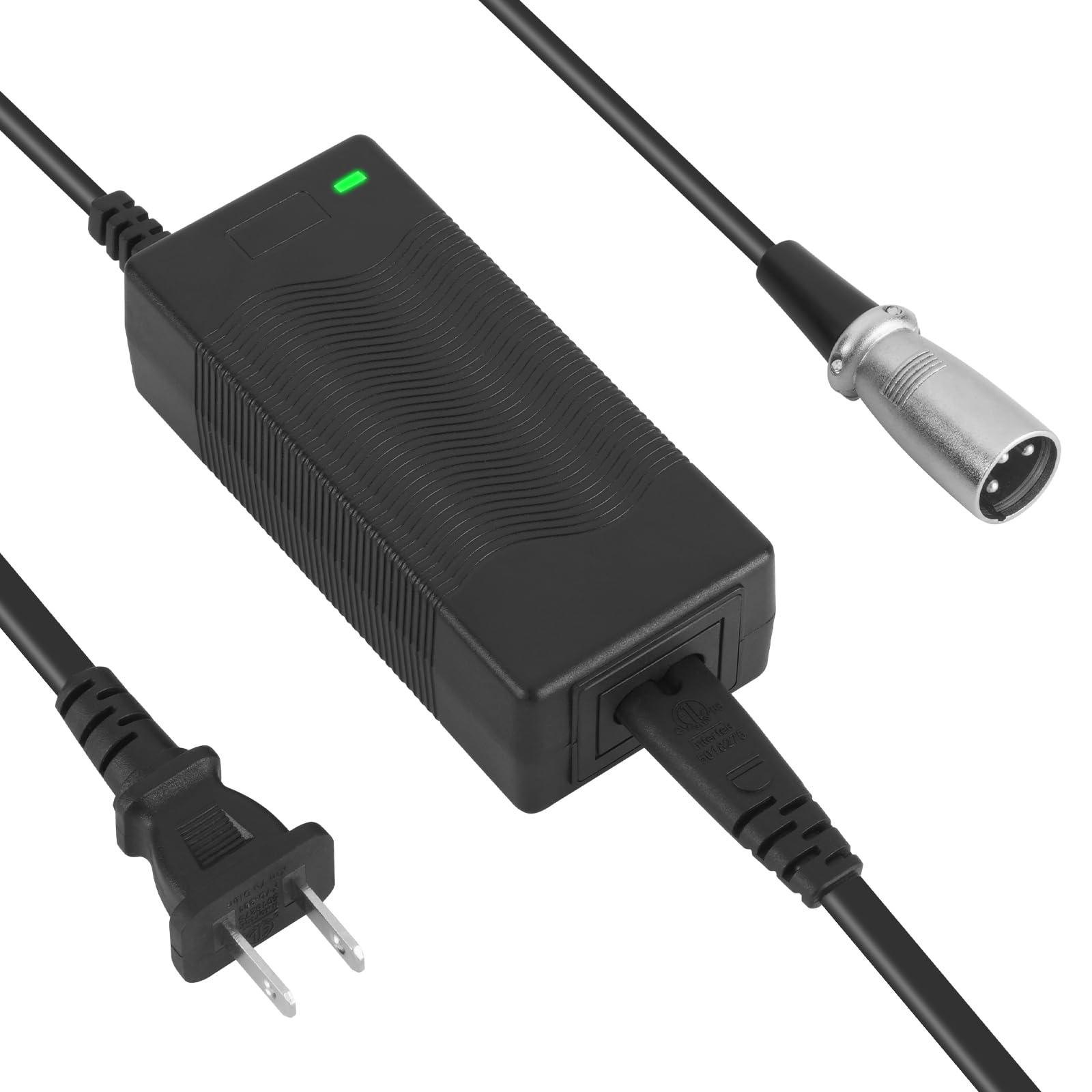 Black Mbxcooter charger for MS02/MS02 Pro scooters with power brick, US plug, and XLR connector.