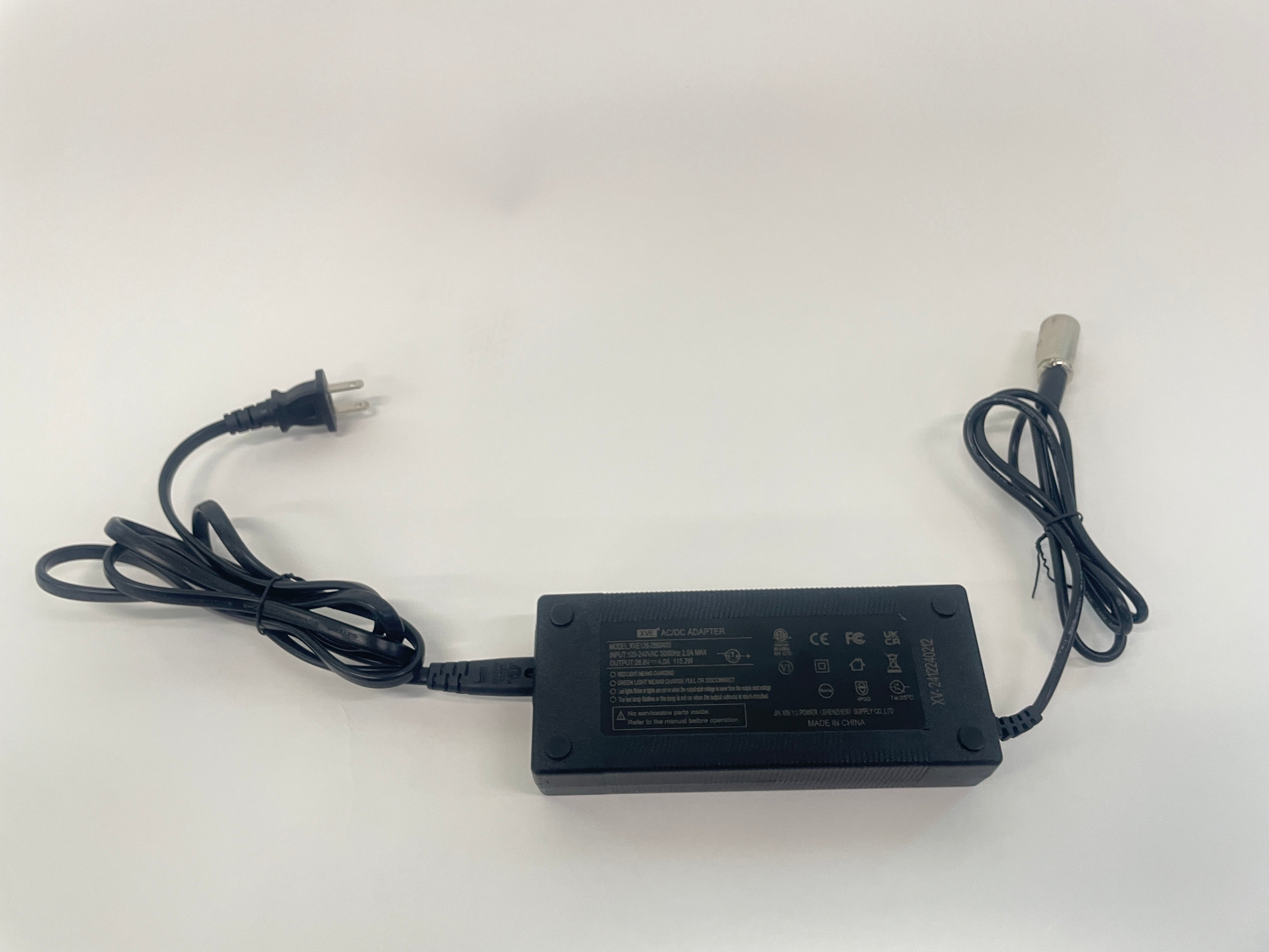 Black Mbxcooter charger for MS20 MAX scooters with AC adapter, power cord, and round connector.