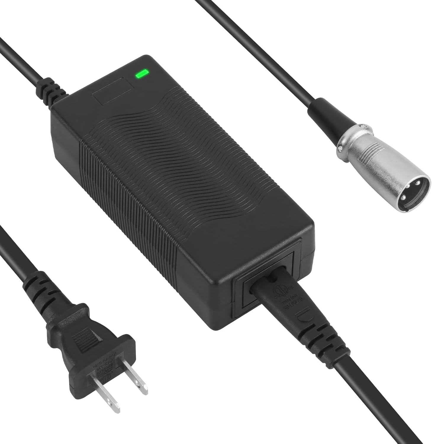 Black Mbxcooter charger for MS20 MAX scooters with a green LED indicator and 3-pin XLR connector.