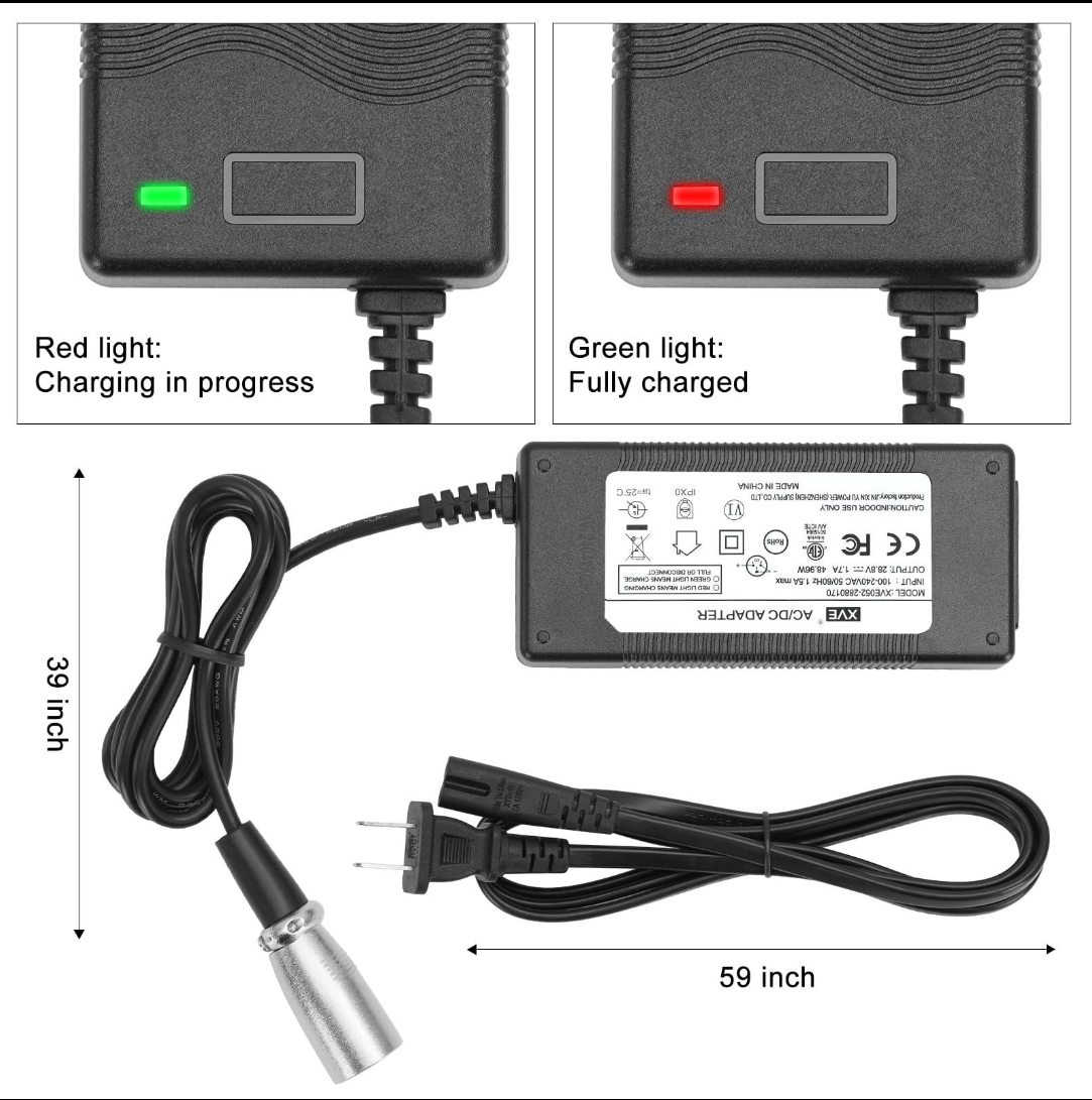 Black Mbxcooter charger with red/green indicator lights, 39-inch cord, and 59-inch power cable.