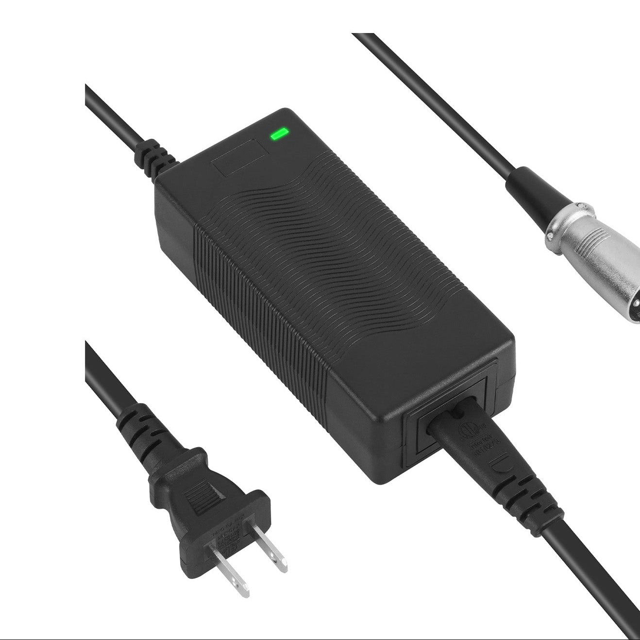 Black Mbxcooter charger with green LED light, 3-pin XLR connector, and US plug.