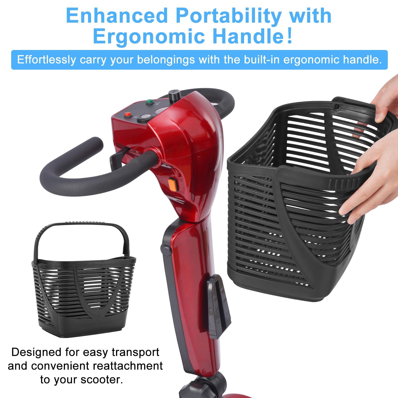 Black plastic front basket for mobility scooters, shown with an ergonomic handle and attached to a red scooter.