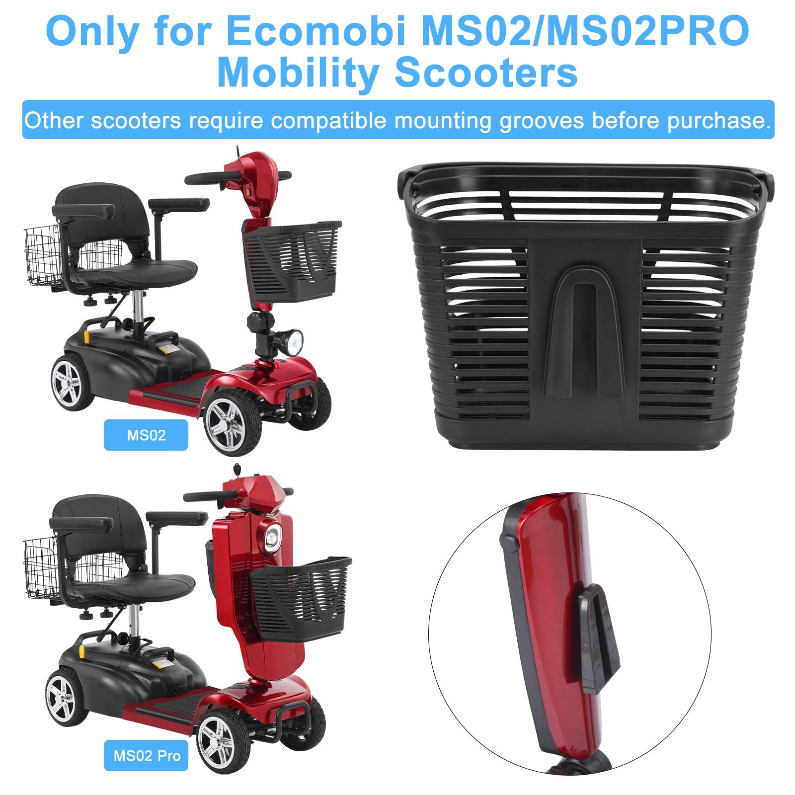 Black plastic front basket for MS02 & MS02PRO mobility scooters, shown with red scooters.